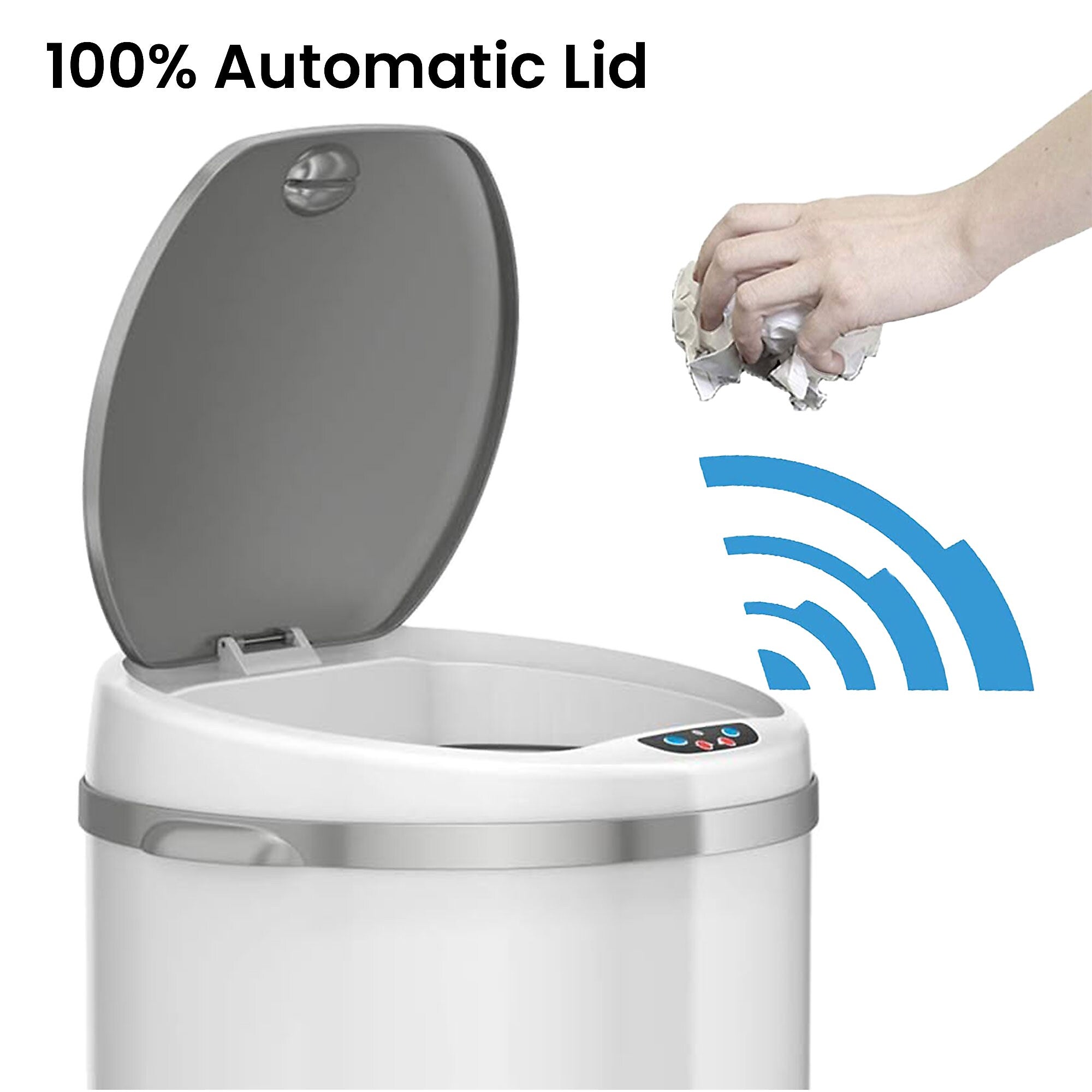 iTouchless Stainless Steel Round Sensor Trash Can with AbsorbX Odor Control System, White, 8 Gal. (MT08RW)