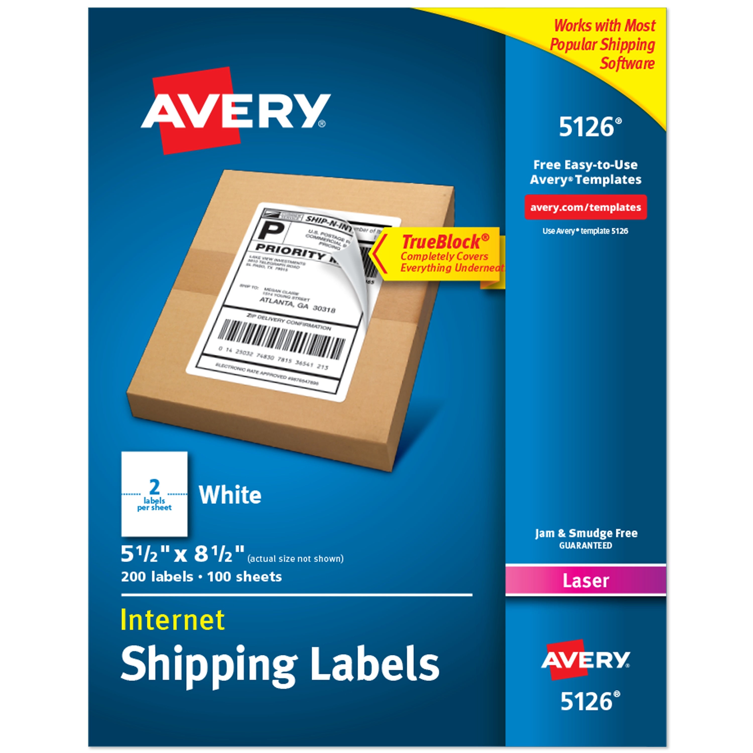 Avery TrueBlock Laser Shipping Labels, 5.5" x 8.5", Matte White, 200 Labels/Box (5126)