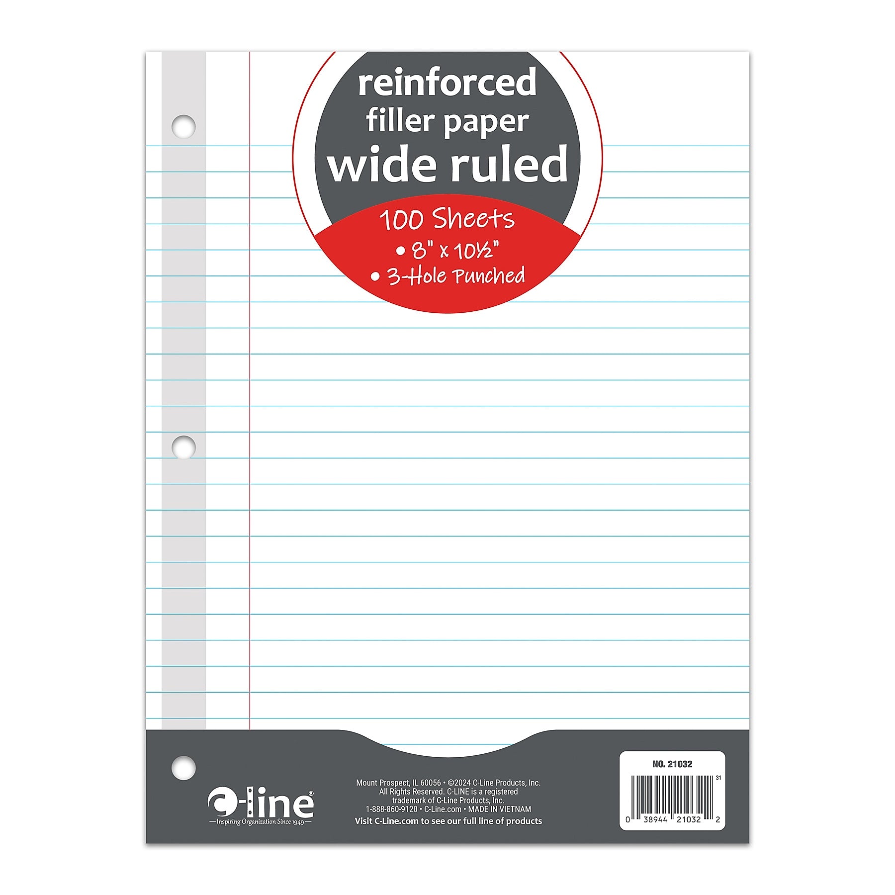 C-Line Reinforced Wide Ruled Filler Paper, 8" x 10.5", 3-Hole Punched, 100 Sheets/Pack, 6/Bundle (CLI21032-6)