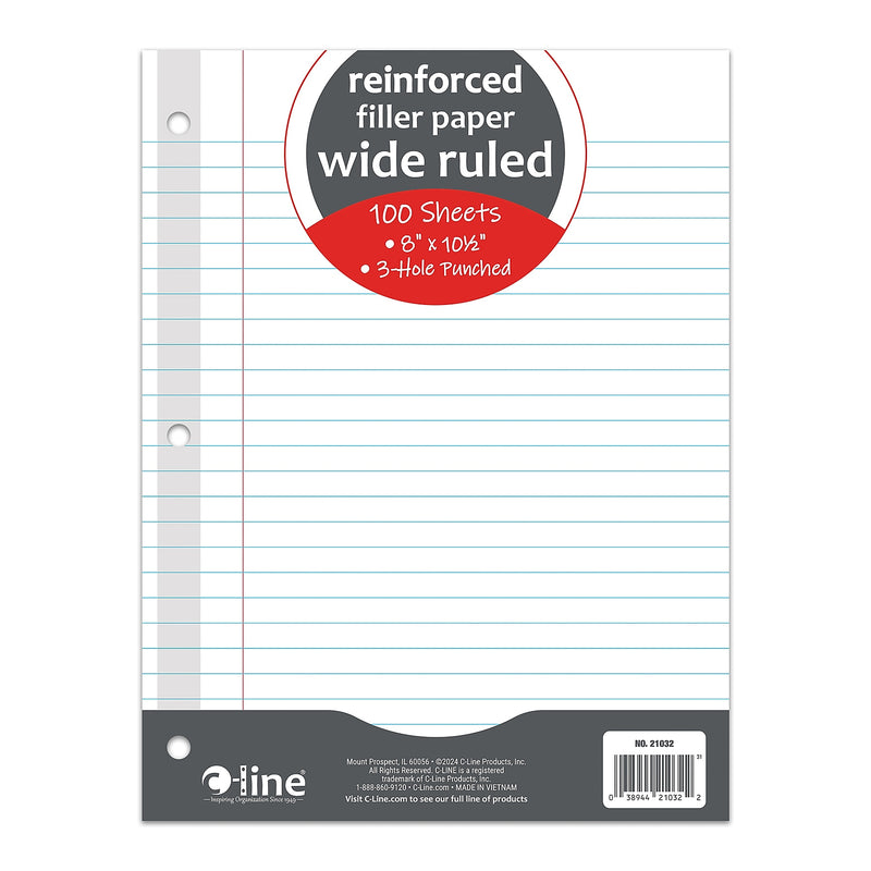 C-Line Reinforced Wide Ruled Filler Paper, 8" x 10.5", 3-Hole Punched, 100 Sheets/Pack, 6/Bundle (CLI21032-6)
