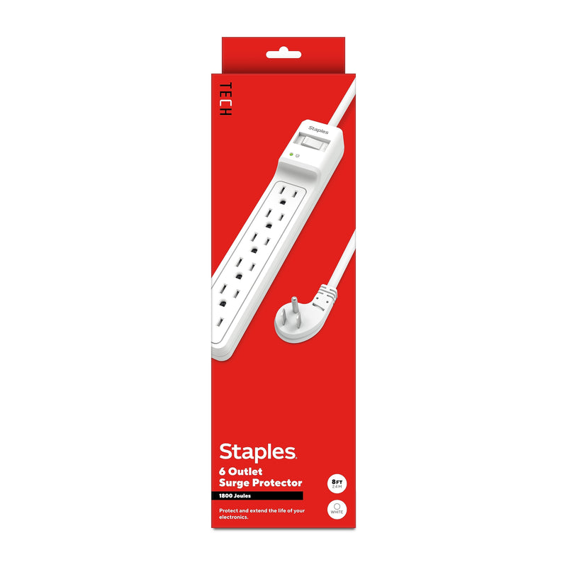 Staples TECH 6-Outlet Surge Protector, 8', 1800 Joules, White (ST62767)