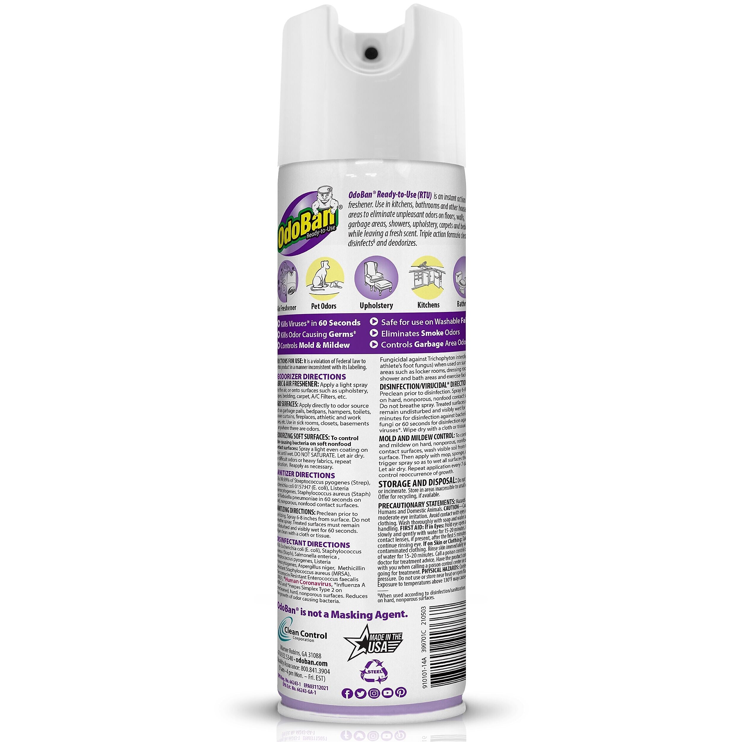 OdoBan Ready to Use Disinfectant Air Freshener & Deodorizer Spray, 14.6 oz., Lavender Scent (910101-14A)