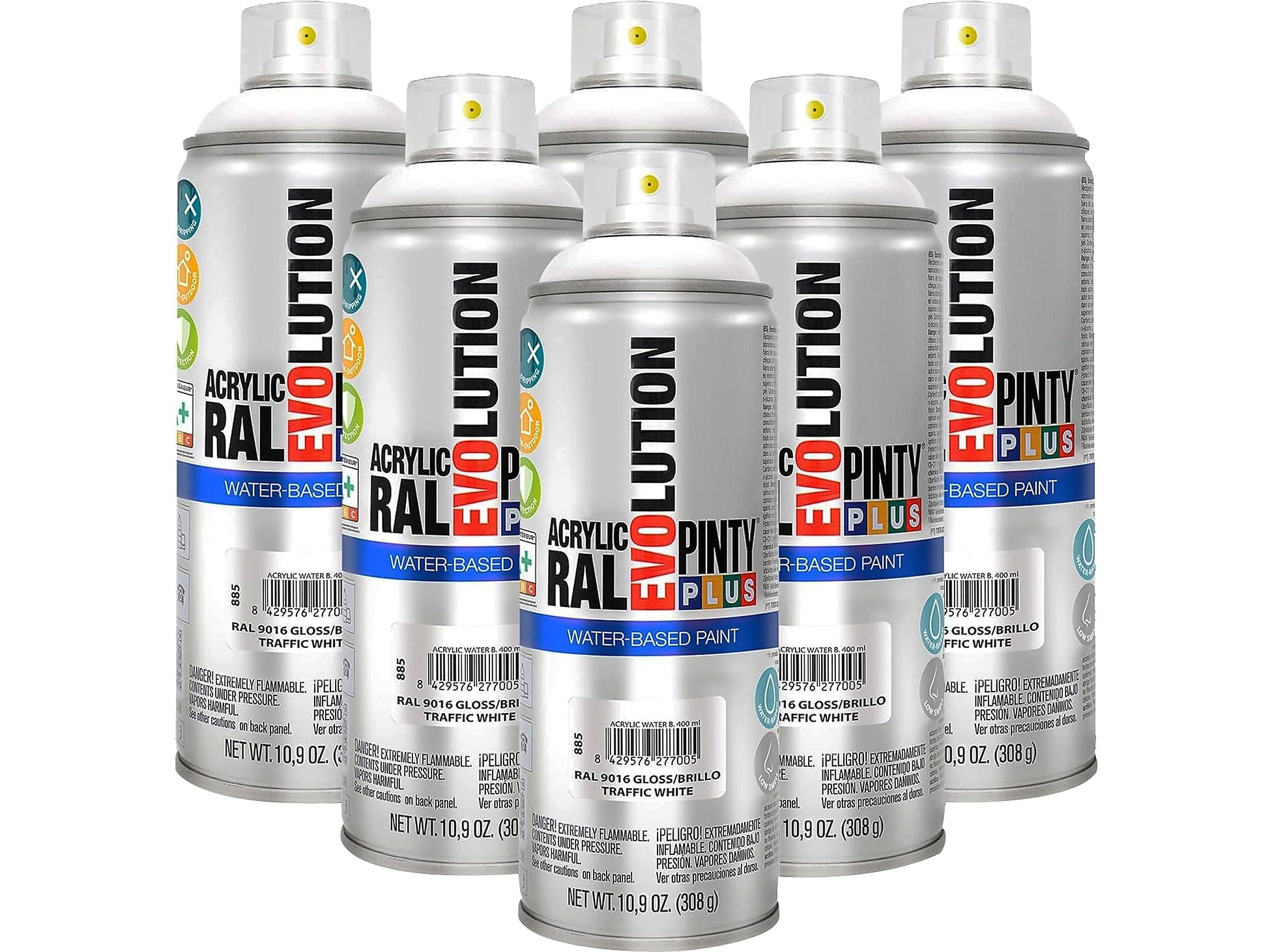 Pintyplus Evolution Water-Based Spray Paint, Traffic White, 10.9 oz., 6/Pack (NOV 885-CS)