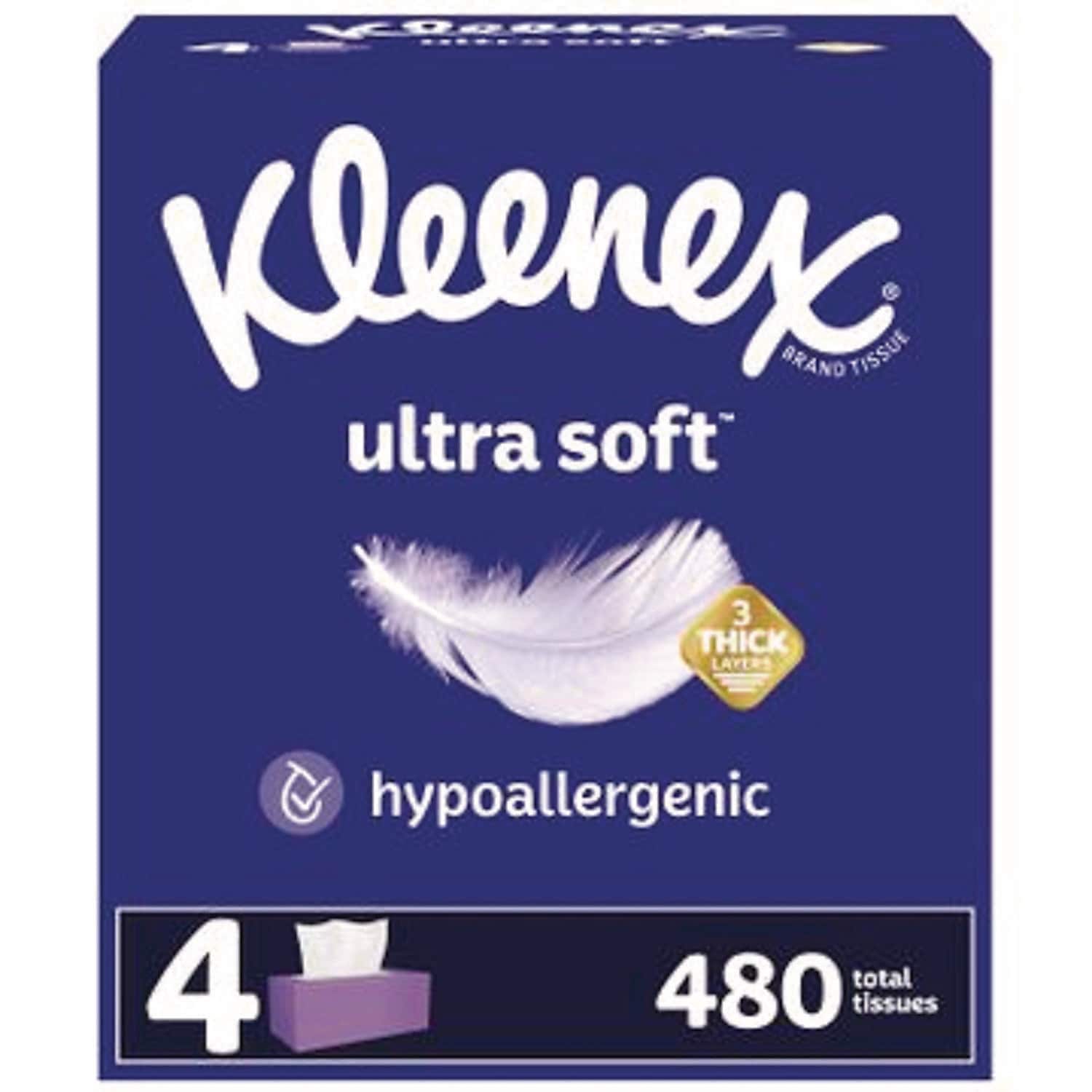 Kleenex Ultra Soft Facial Tissue, 3-Ply, 120 Tissues/Box, 4 Boxes/Pack, 8 Packs/Carton (54316)