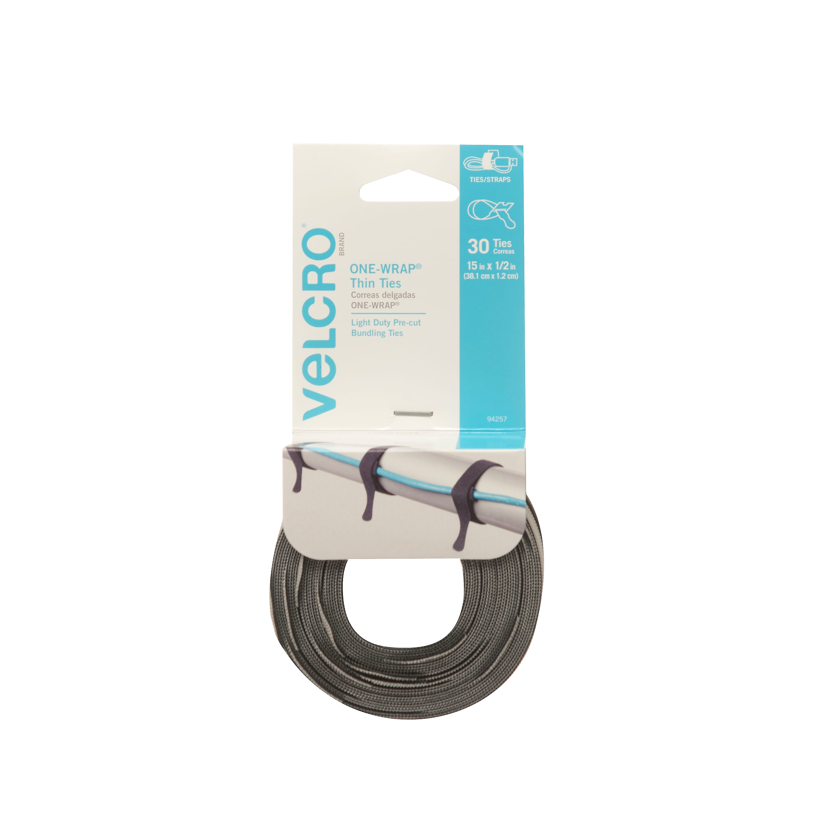 Velcro Brand ONE-WRAP Cable Ties, 1/2" x 15", Reusable Hook & Loop Fastener, Gray, 30/Pack (94257)