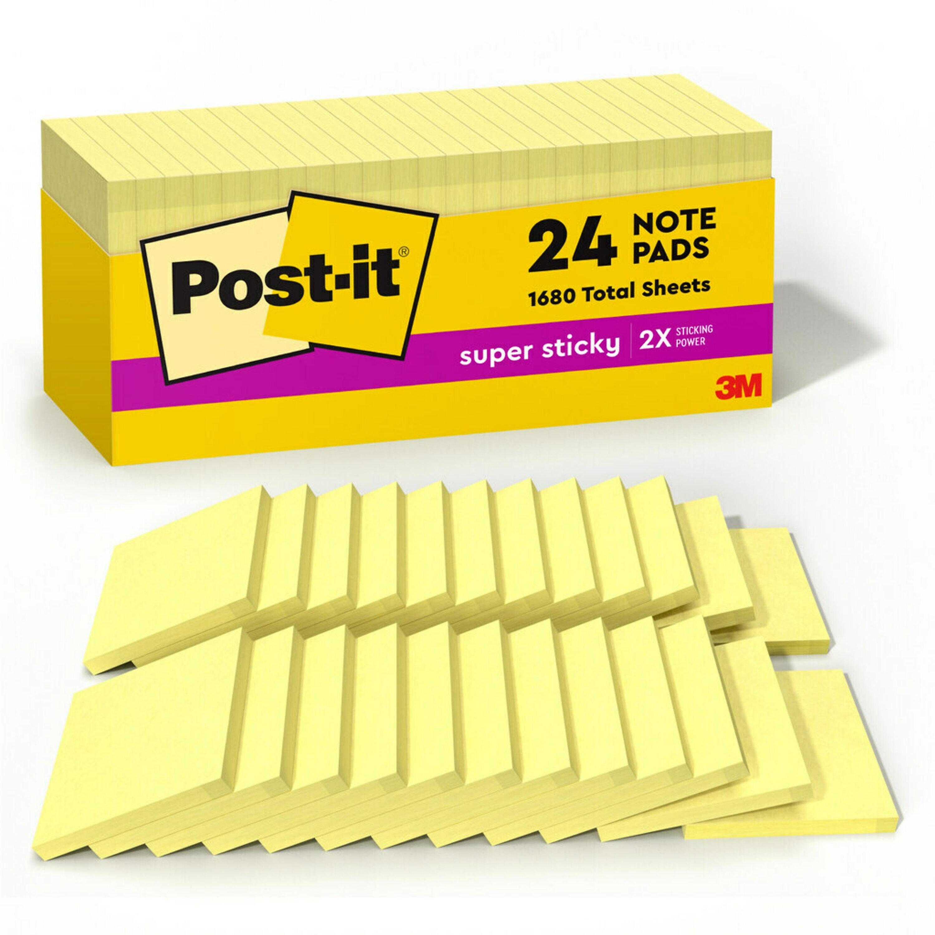 Post-it Super Sticky Notes, 3" x 3", Canary Collection, 90 Sheet/Pad, 24 Pads/Pack (65424SSCP)