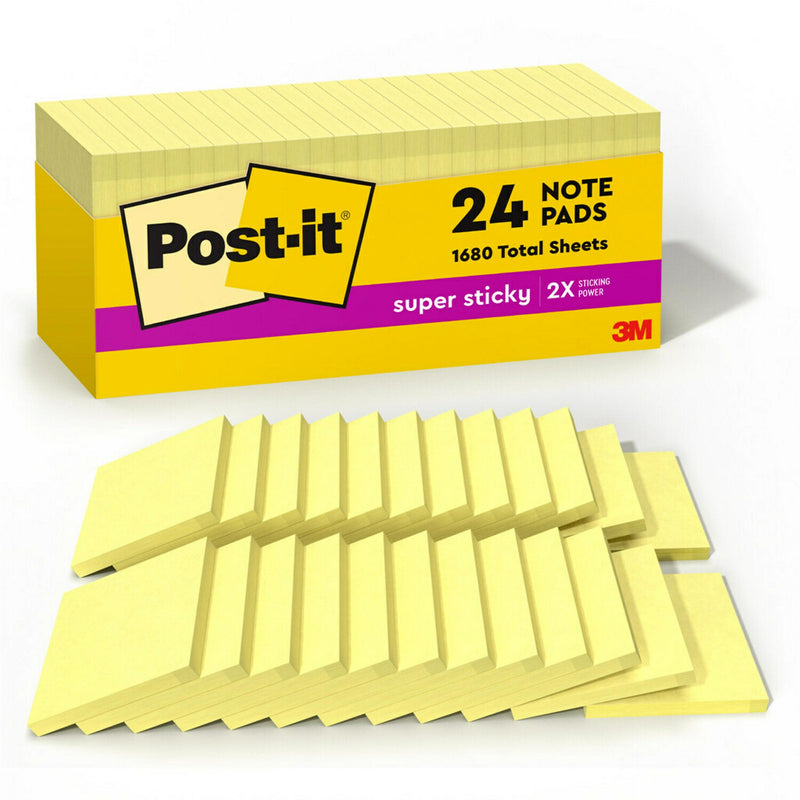 Post-it Super Sticky Notes, 3" x 3", Canary Collection, 90 Sheet/Pad, 24 Pads/Pack (65424SSCP)