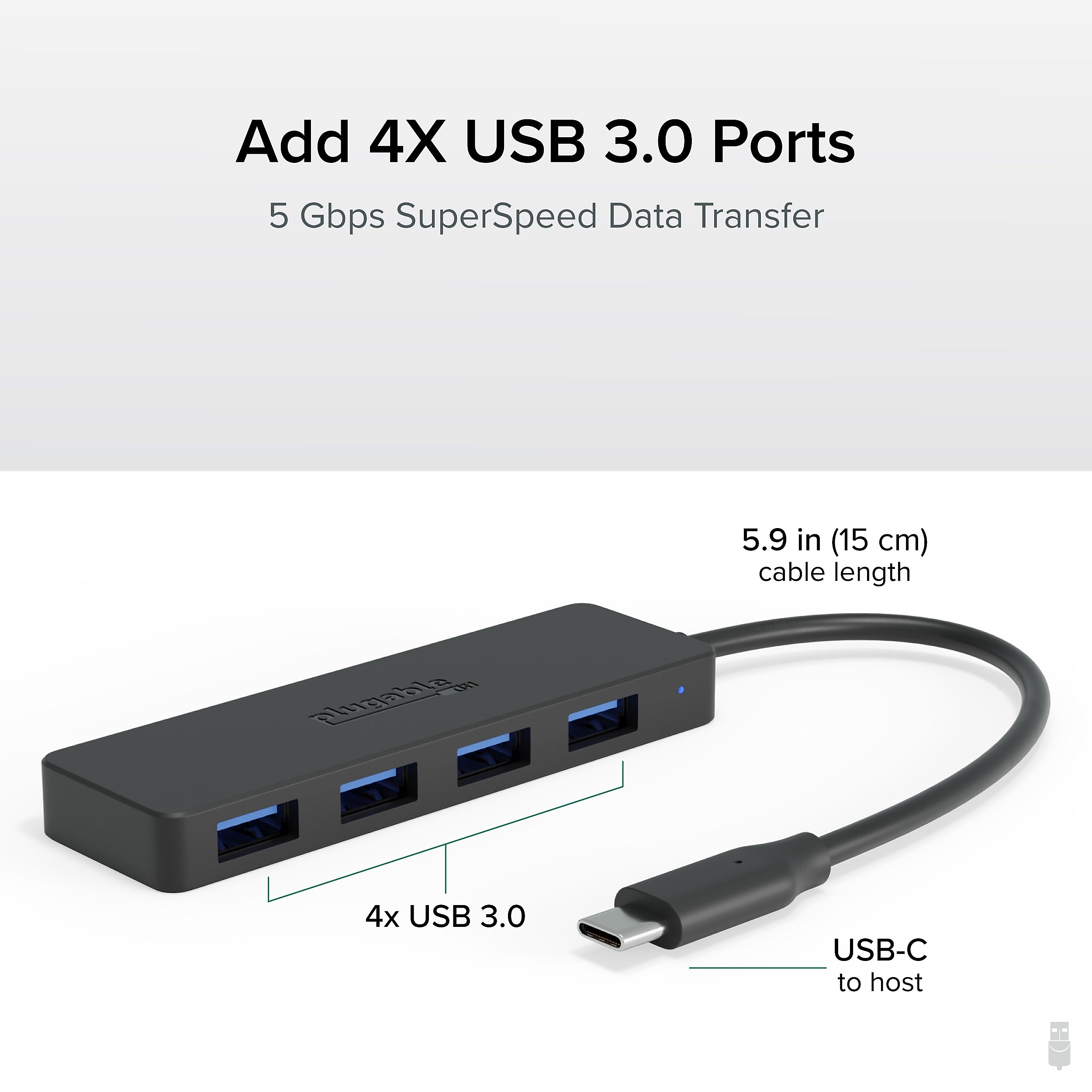Plugable USB C to USB Adapter Hub, 4 Port USB 3.0 Hub, USB Splitter for Laptop