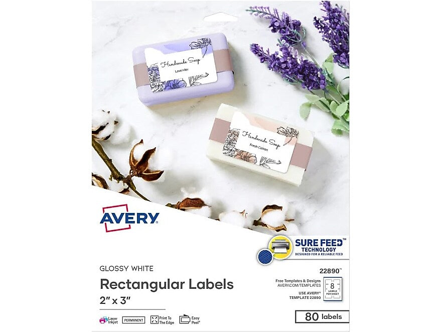 Avery Sure Feed Laser/Inkjet Rectangle Labels, 2" x 3", Glossy White, 80 Labels/Pack (22890)
