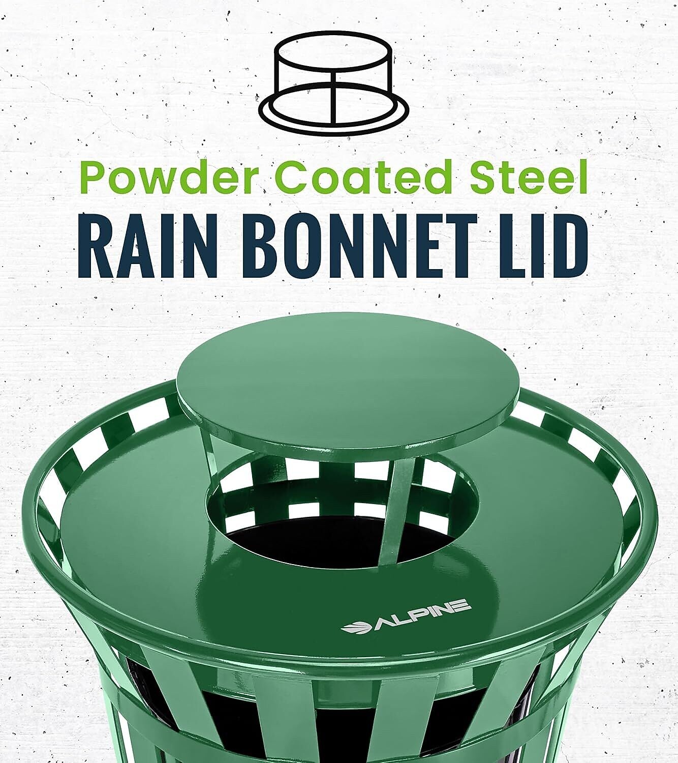 Alpine Industries Metal Outdoor Rain Bonnet Lid for 38-Gallon Waste Receptacle, Green (479-38-A-GRN)