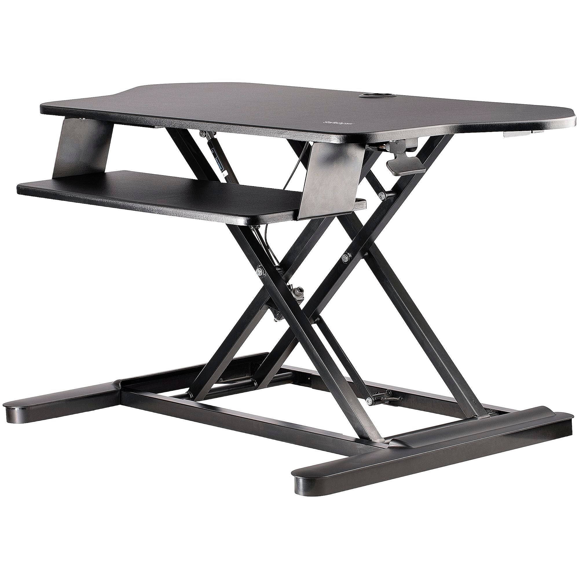 StarTech Adjustable Large Surface Corner Sit Stand Desk Converter for Dual Monitors, Keyboard Tray, 35" x 21" (ARMSTSCORNR)