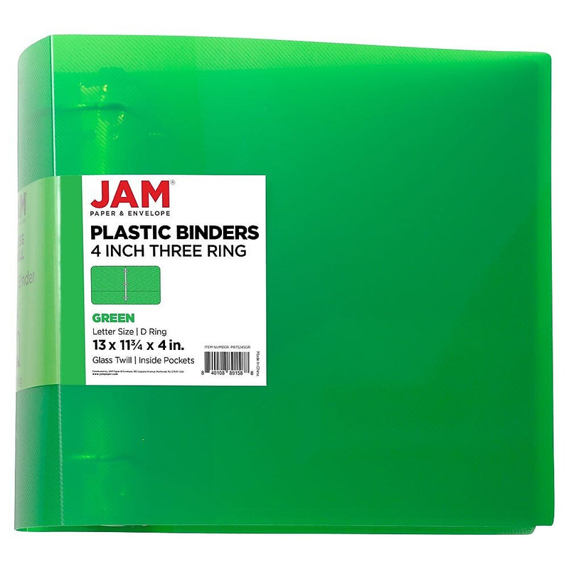 JAM Paper 4" 3-Ring Flexible Poly Binder, Green (PB75245GR)