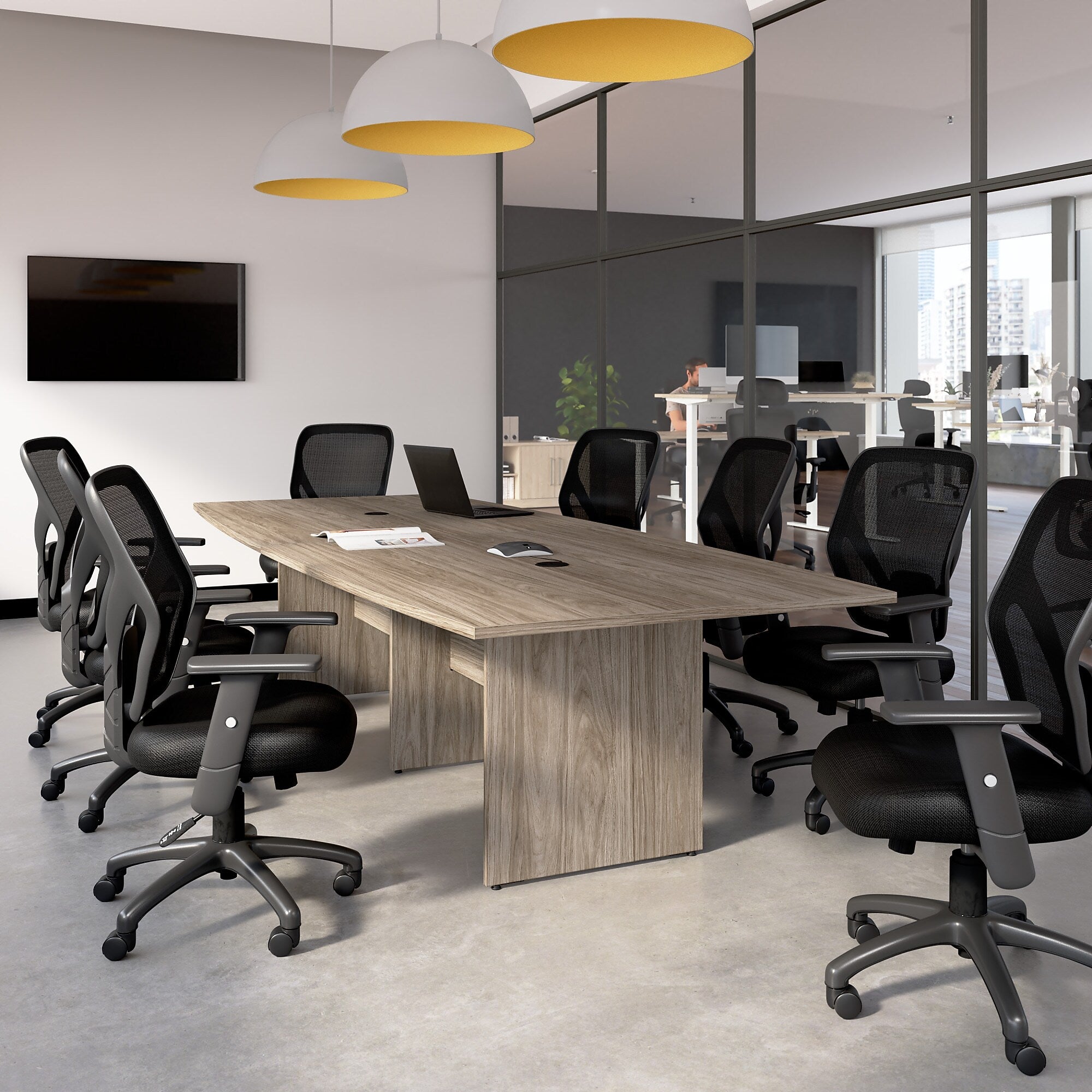 Bush Business Furniture 120W x 48D Boat Shaped Conference Table with Wood Base, Modern Hickory (99TB12048MHK)