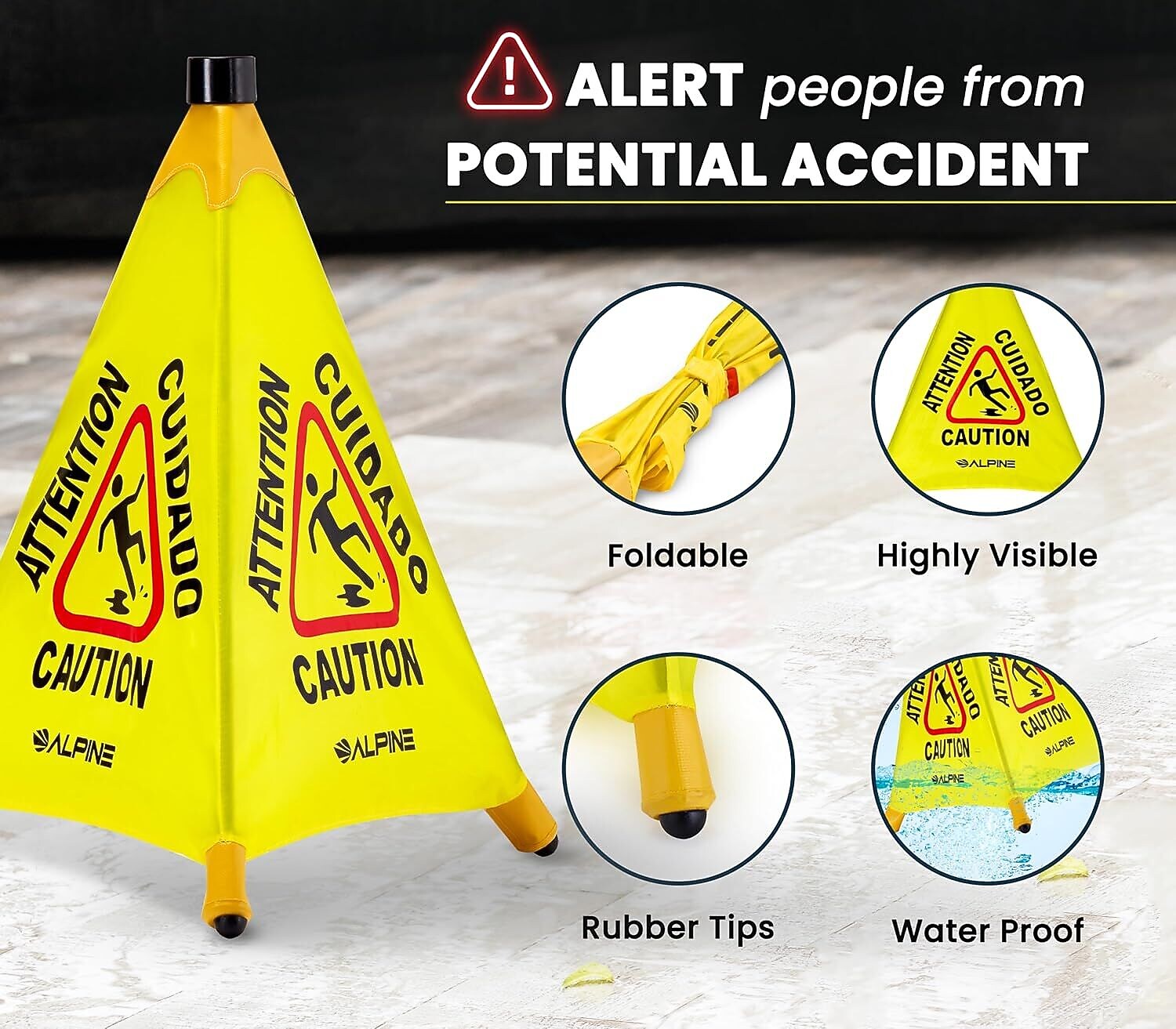 Alpine Industries Wet Floor Caution Cone Sign, 30"H, Yellow, 5/Pack (498-30-5pk)