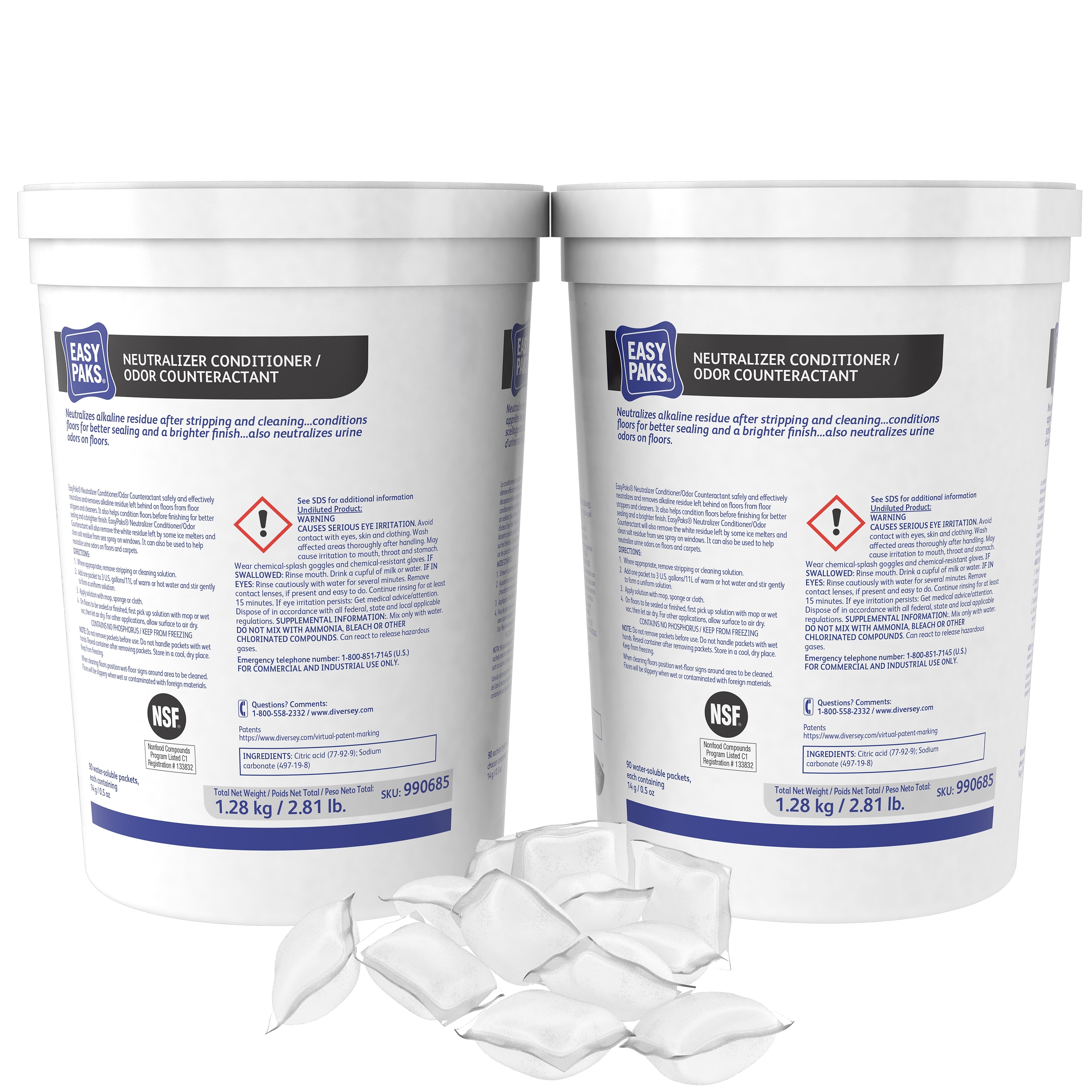 Easy Paks Neutralizer/Conditioner Powder-To-Liquid Deodorizer, 0.5 oz. Packets, 90 Packets/Tub, 2 Tubs/Carton (990685CT)