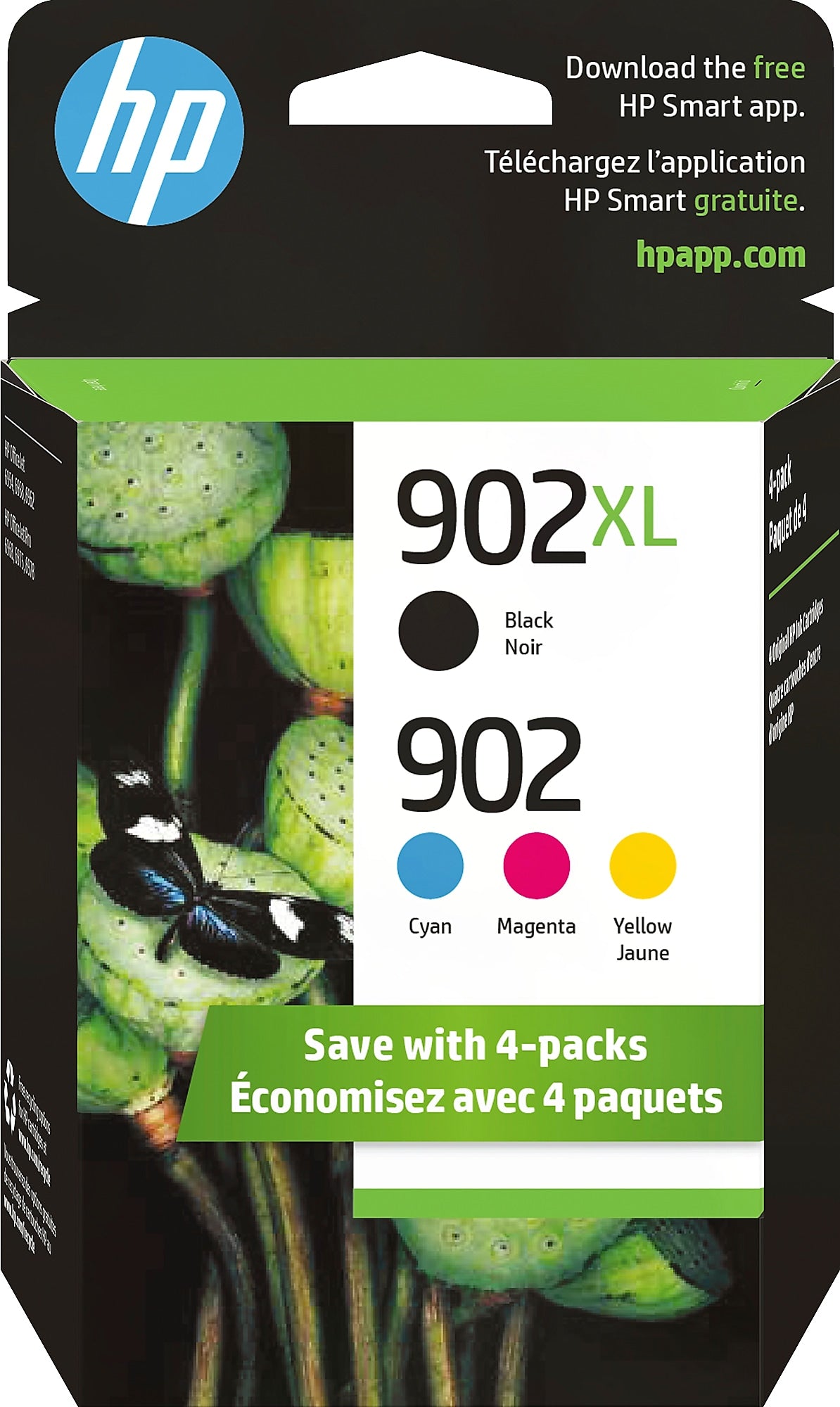 HP 902XL/902 Black High Yield and Cyan/Magenta/Yellow Standard Yield Ink Cartridge, 4/Pack (T0A39AN#140)
