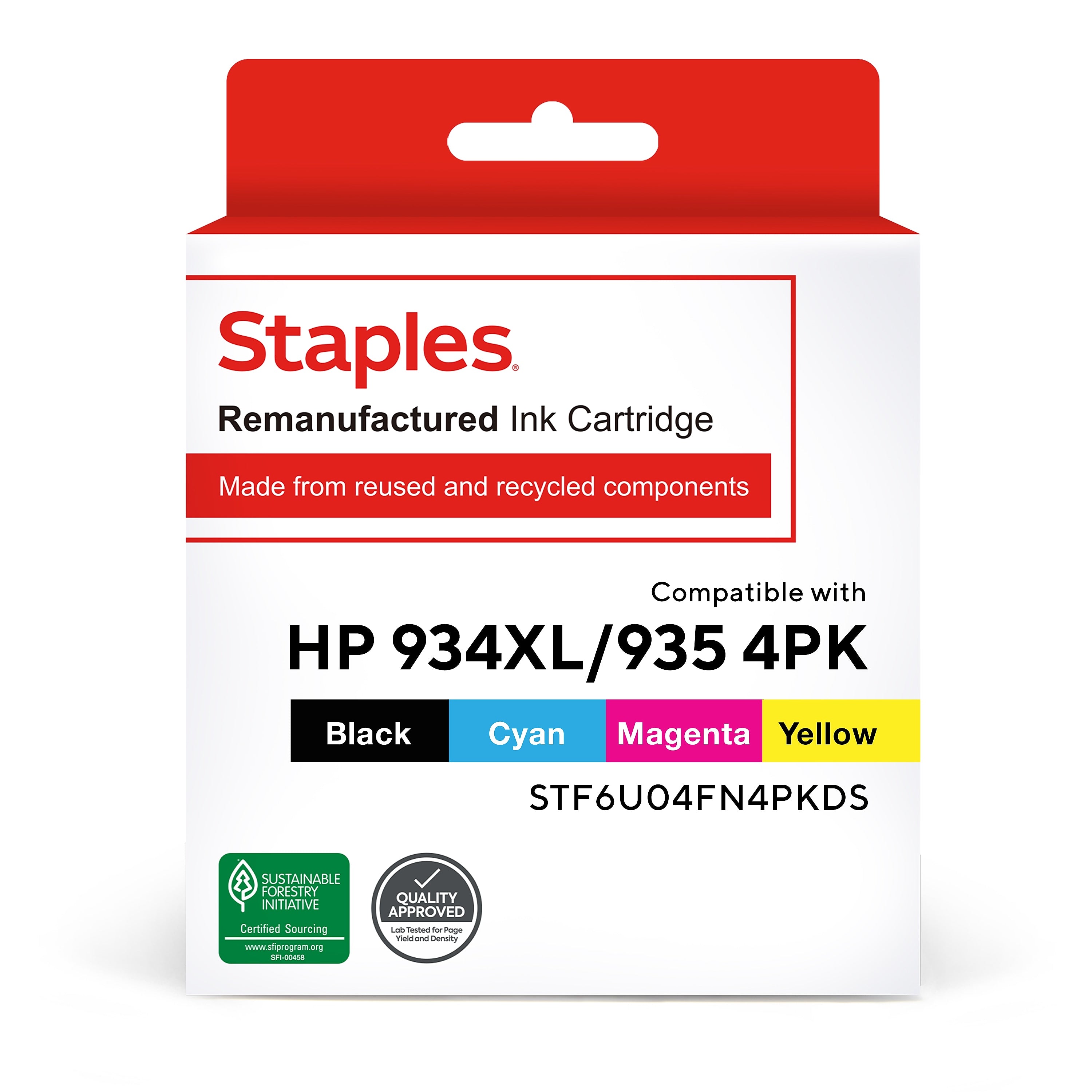 Staples Remanufactured Black High Yield and Color Standard Yield Ink Cartridge Replacement for HP 934XL/935 (STF6U04FN), 4/Pack