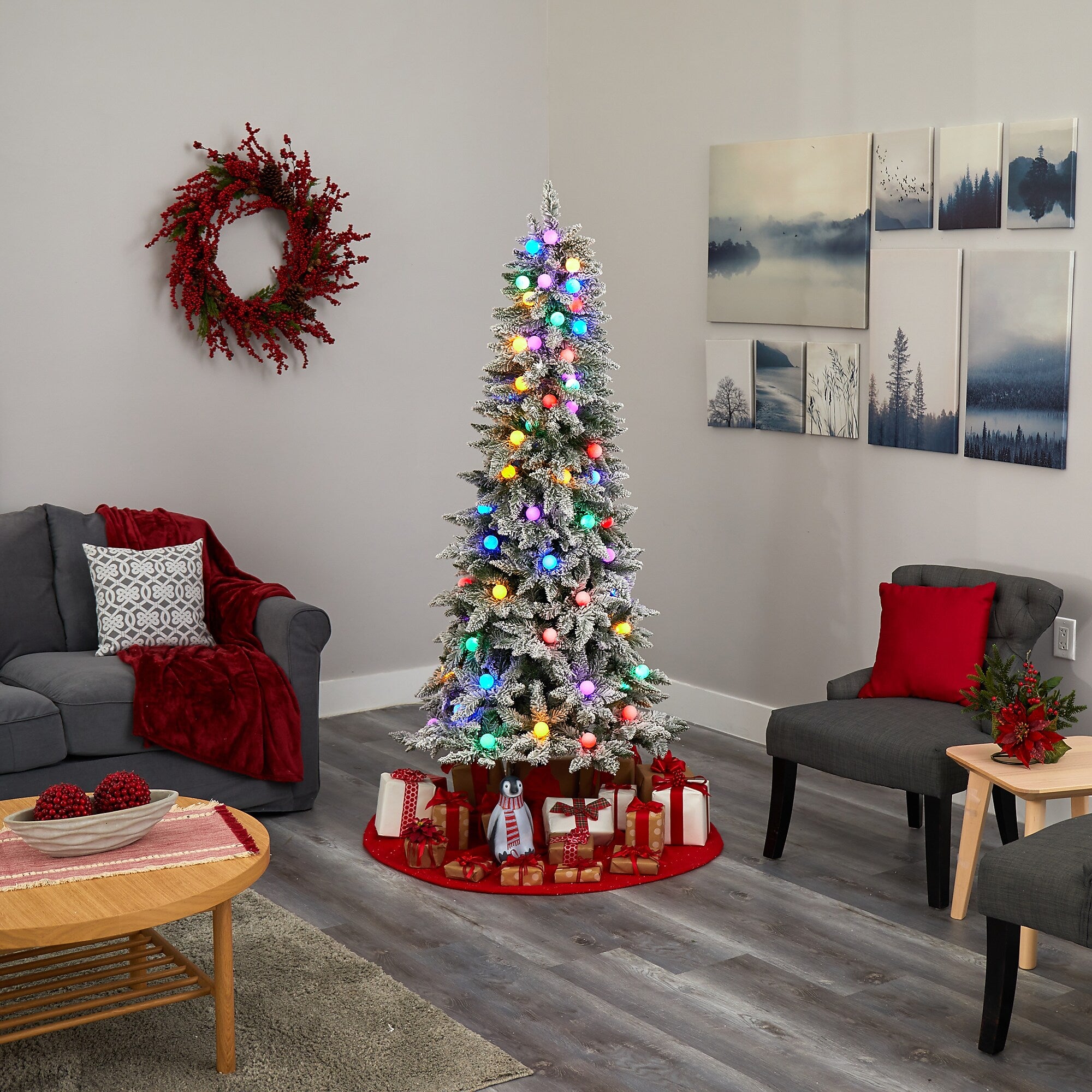 Nearly Natural 6.5-ft Flocked British Columbia Mountain Fir Artificial Christmas Tree in Decorative Planter (T1576)