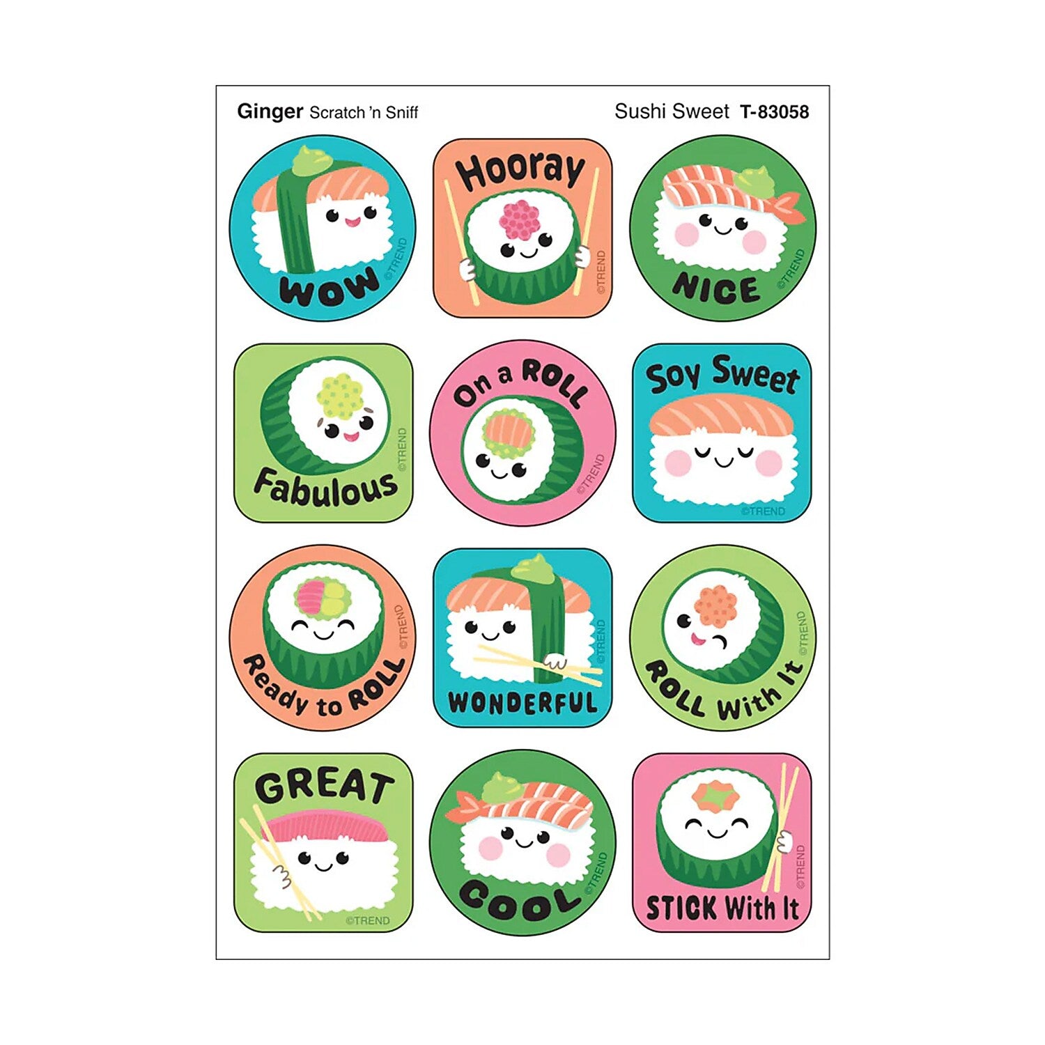 Trend Enterprises Sushi Sweet Ginger Scent Scratch 'n Sniff Stinky Stickers, Multicolored, 48/Pack, 6/Packs/Bundle (T-83058-6)