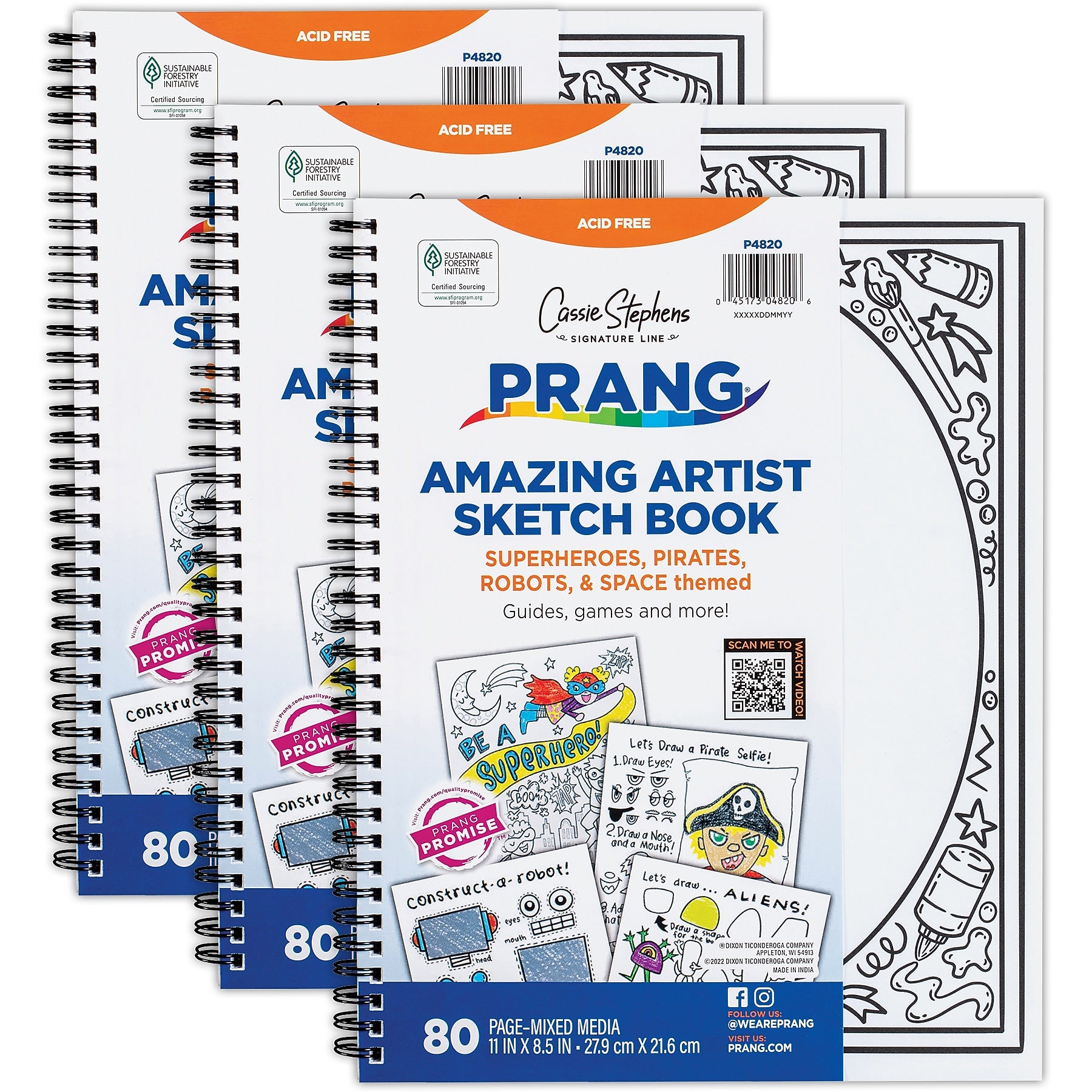 Prang Cassie Stephens 8.5" x 11" Wire Bound Sketch Book, 80 Sheets/Book, 3 Books/Bundle (PAC4820-3)