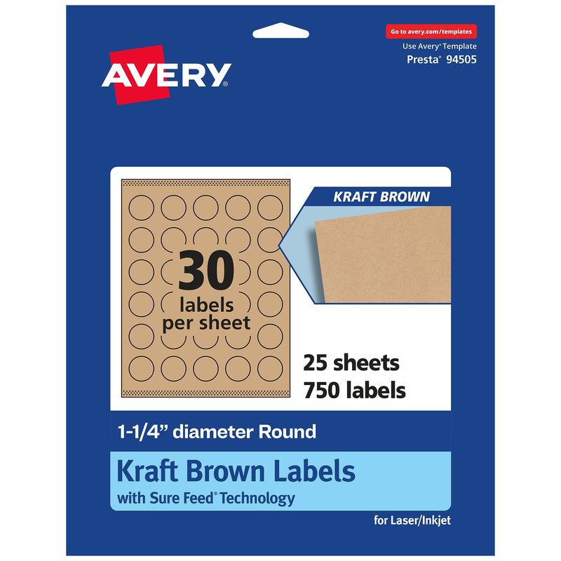 Avery Laser/Inkjet Round Multipurpose Labels, 1.25" Dia., Kraft Brown, 750 Labels/Pack (94505)
