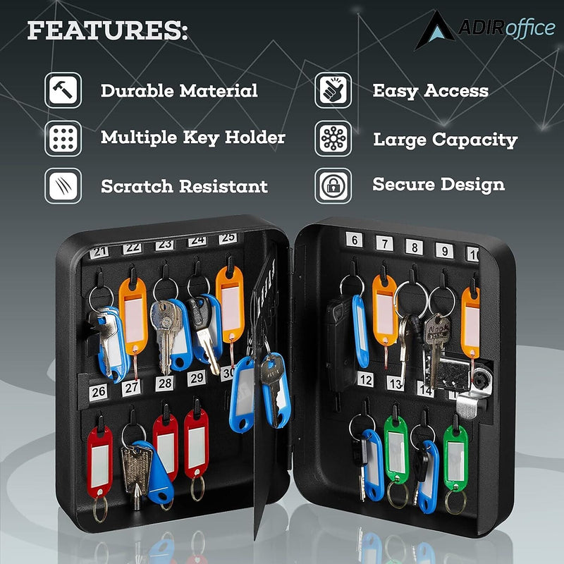 AdirOffice 30-Key Cabinet with Combination Lock and Key Tags, Black (682-30-BLK-689-PKG)