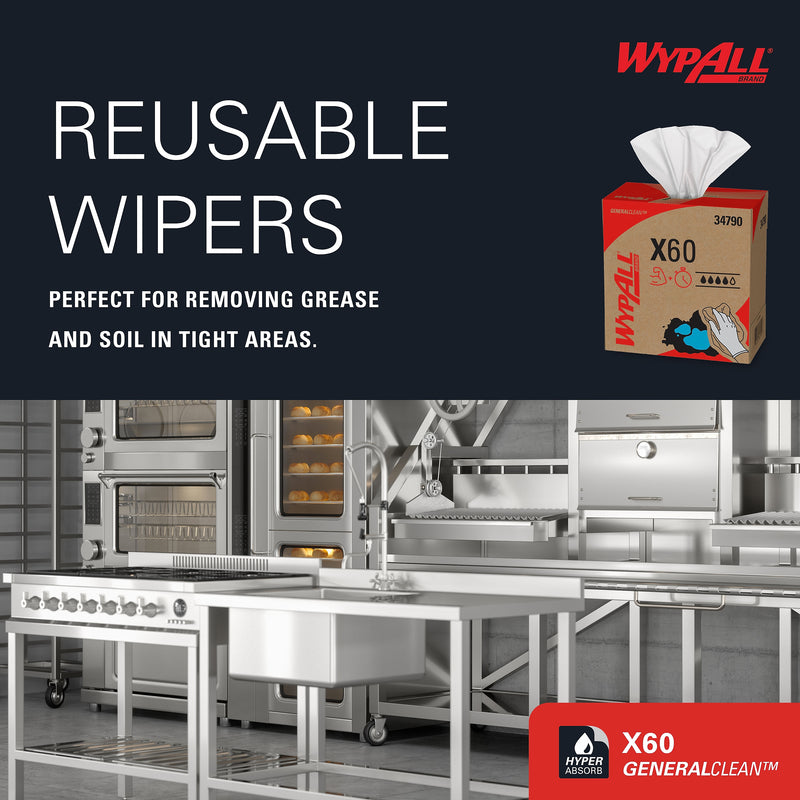 WypAll GeneralClean X60 Fabric Cleaning Wipers, 16.8" x 9.1", White, 118 Wipers/Box, 10/Carton (34790)