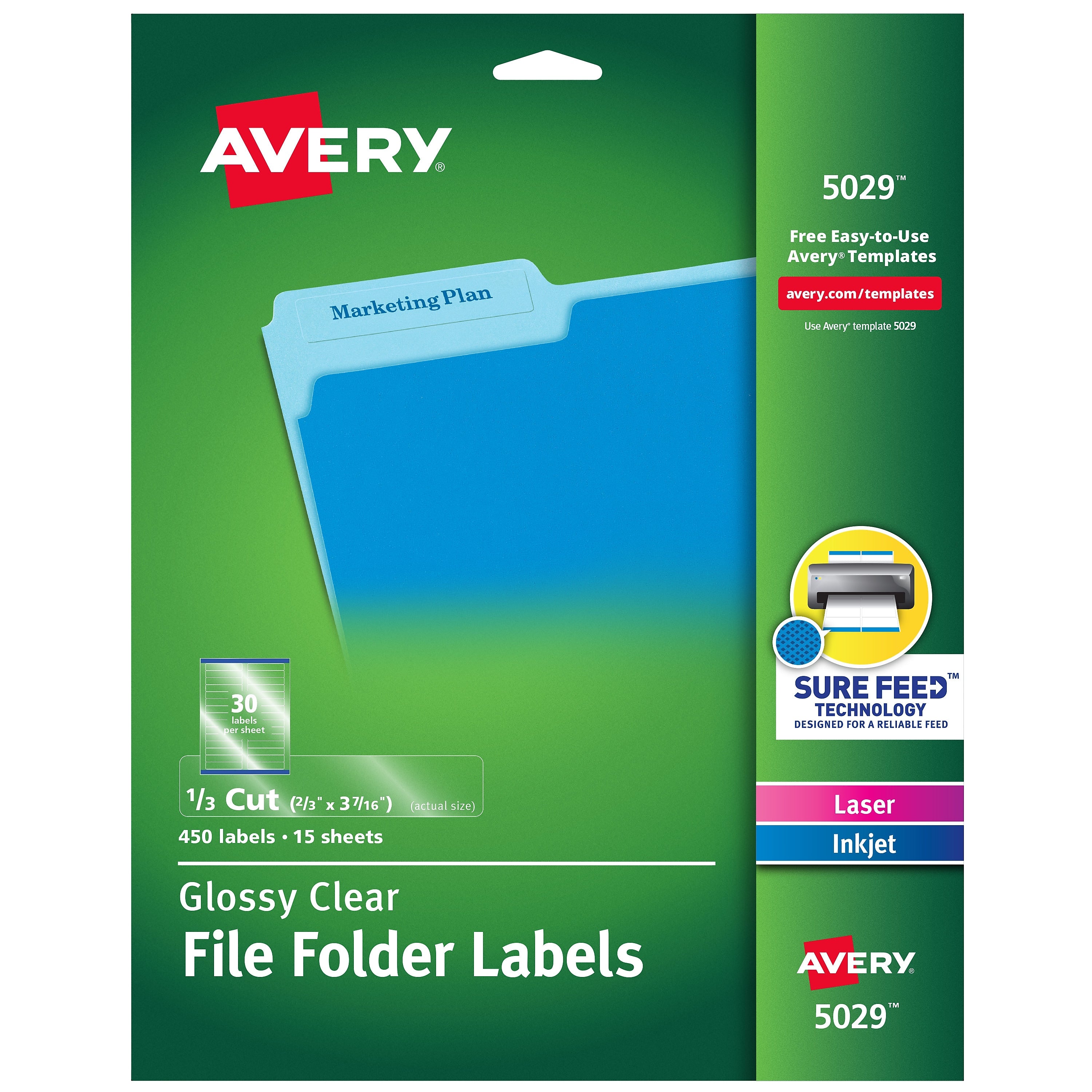Avery Sure Feed Laser/Inkjet File Folder Labels, 2/3" x 3-7/16", Glossy Clear, 450 Labels/Pack (5029)