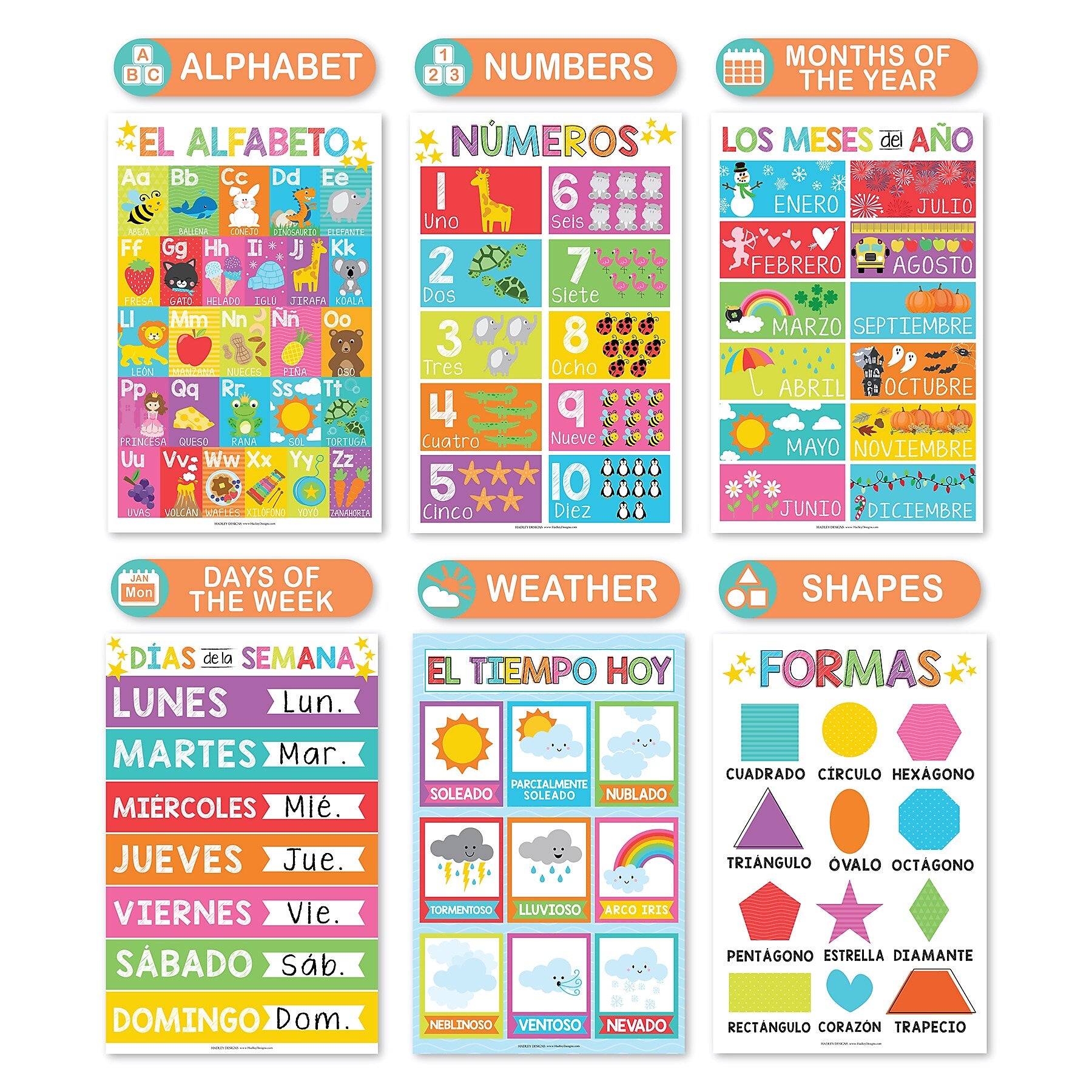 Hadley Designs 17" x 11"  Colorful Spanish Preschool Educational Posters, Laminated, 12/Set (HDDX004AH66RV)