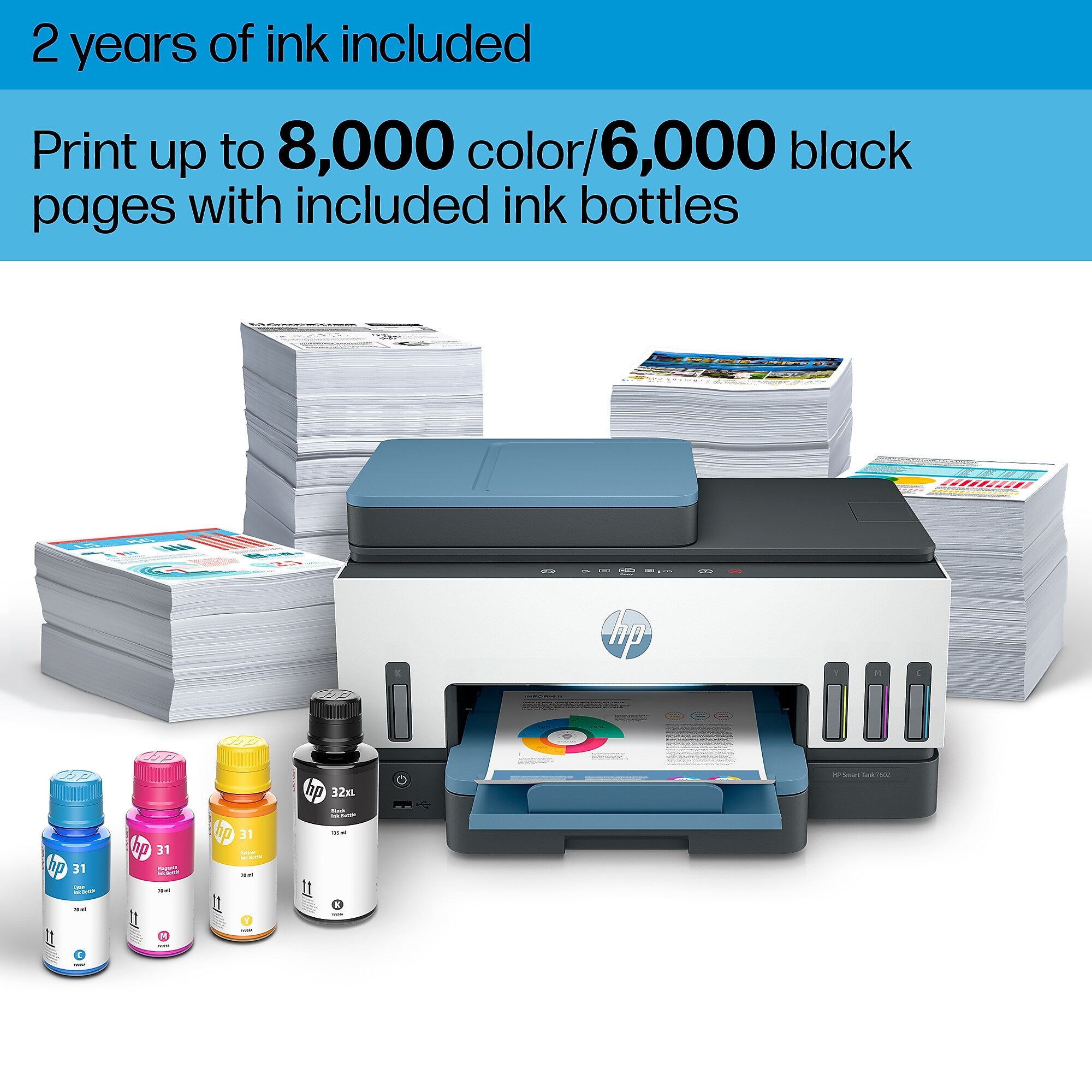 HP Smart Tank 7602 Wireless Color All-in-One Ink Tank, Best for Home Office, 2 Years of Ink (28B98A)