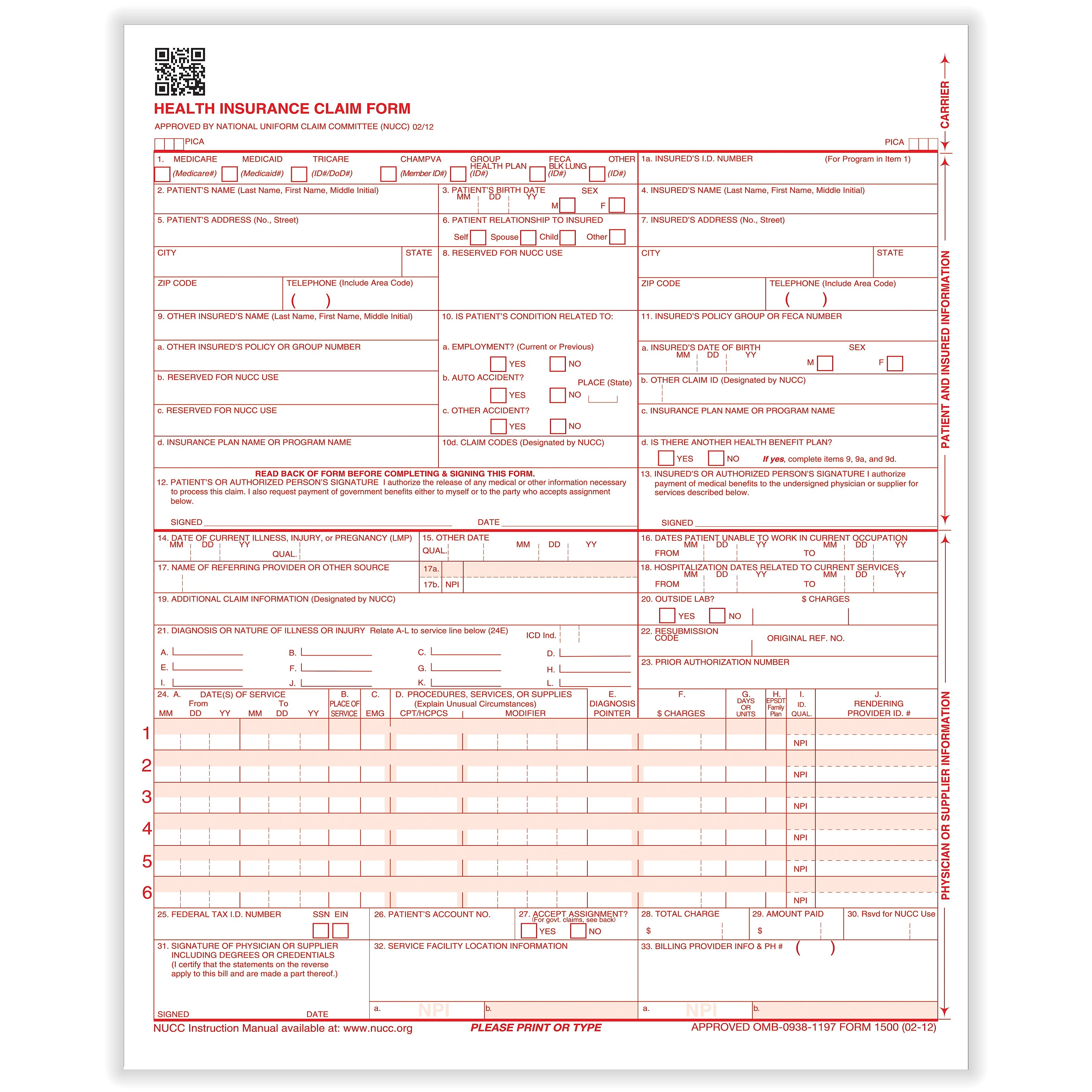 ComplyRight CMS-1500 Health Insurance Claim Forms (02/12), 8-1/2" x 11", Box of 1,000 (CMS12LC1)
