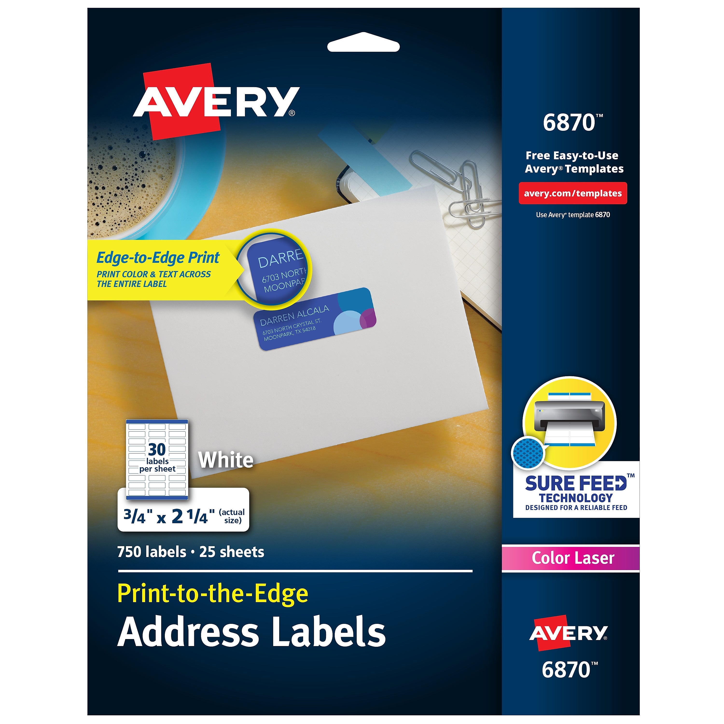 Avery Print-to-the-Edge Laser Address Labels, 3/4" x 2-1/4", White, 750 Labels/Pack (6870)