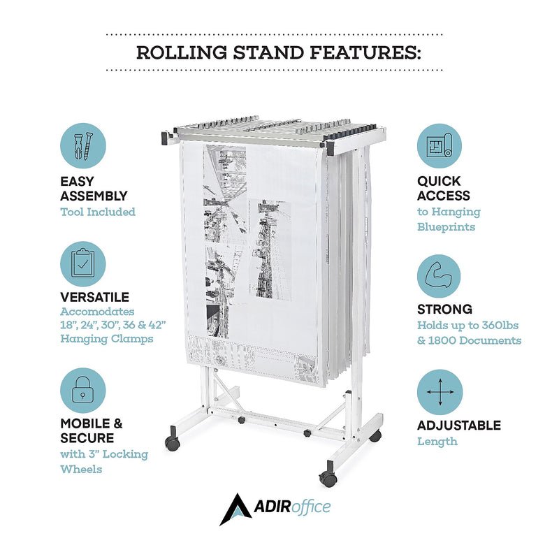 AdirOffice Expandable Blueprint Mobile Plan Center Large File Hanging Storage, White (615-WHI-KIT1)