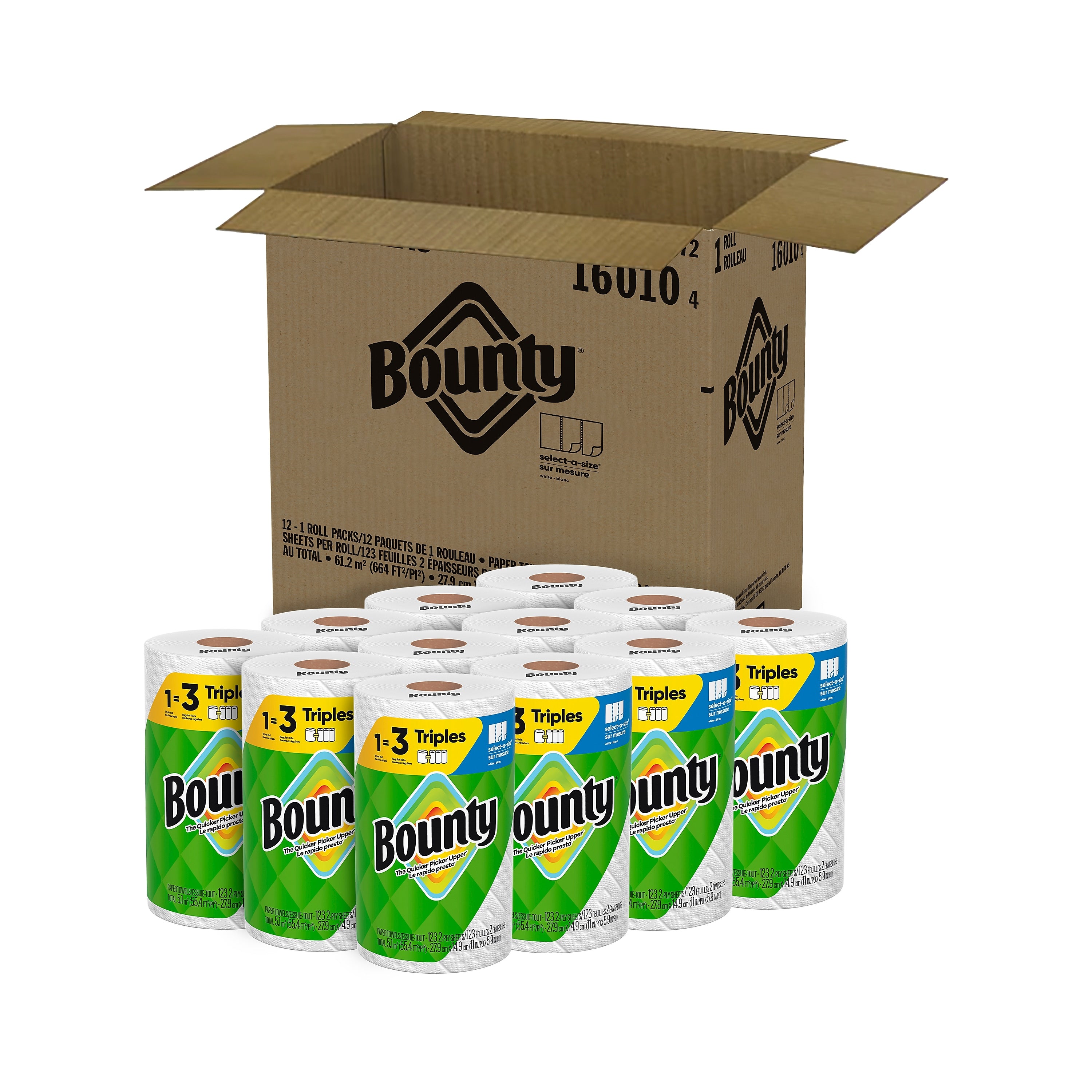 Bounty Select-A-Size Triple Roll Paper Towels, 2-ply, 123 Sheets/Roll, 12 Rolls/Pack (66980/05829)