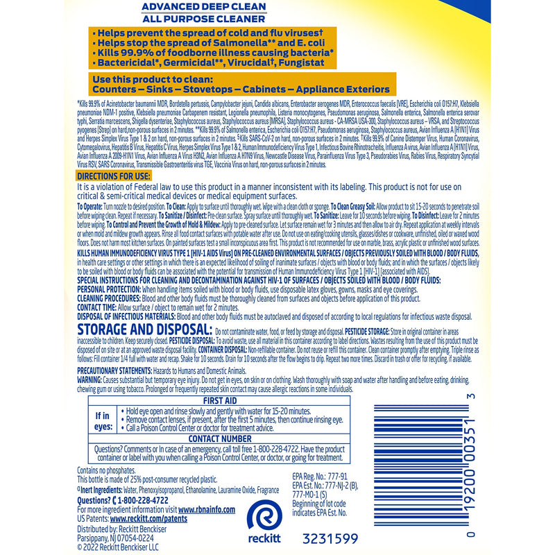 Lysol Professional Advanced Deep Clean Disinfecting All Purpose Cleaner Degreaser, Lemon Breeze Scent, 32 oz. (1920000351)