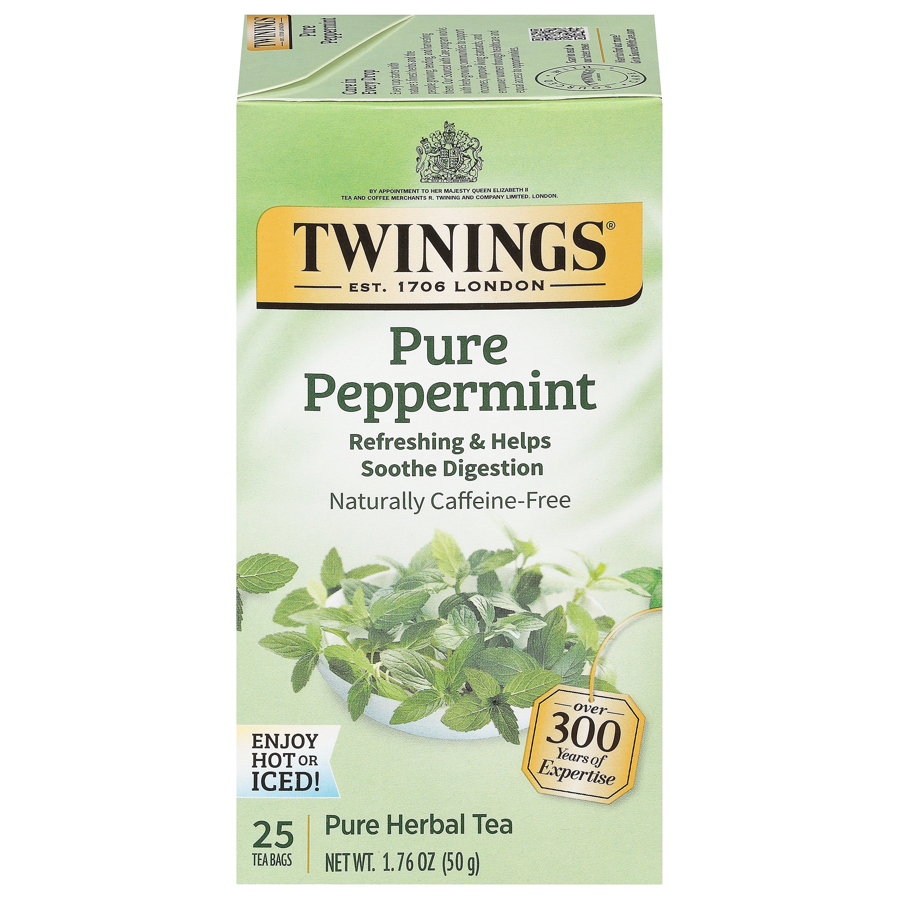 Twinings Pure Peppermint Herbal Caffeine Free Tea Bags, 25/Box (TNA51724)