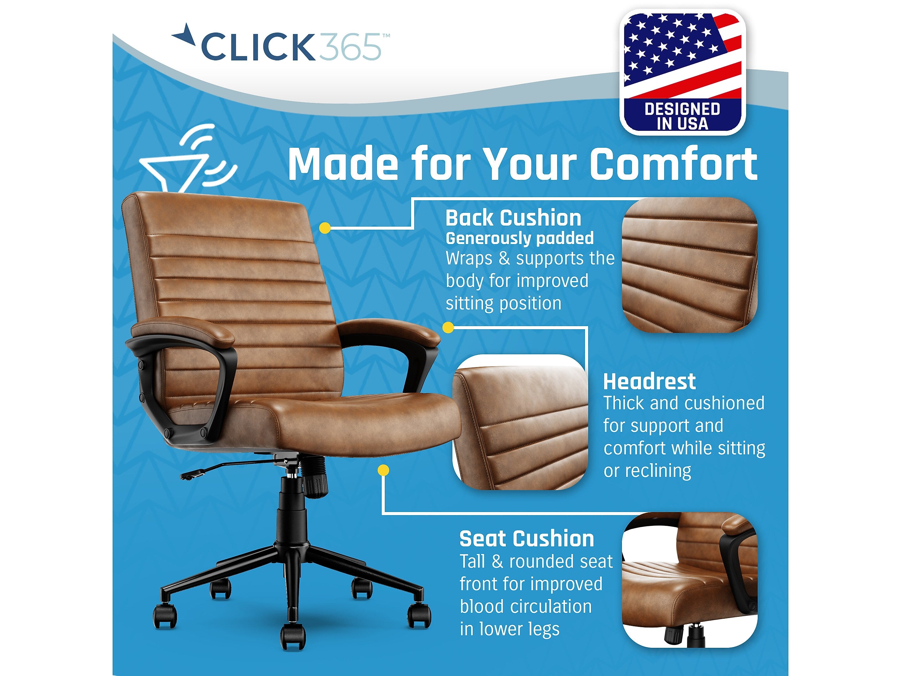 Click365 Transform 3.0 Ergonomic Bonded Leather Swivel Desk Chair, Cognac (CCHR10008A)