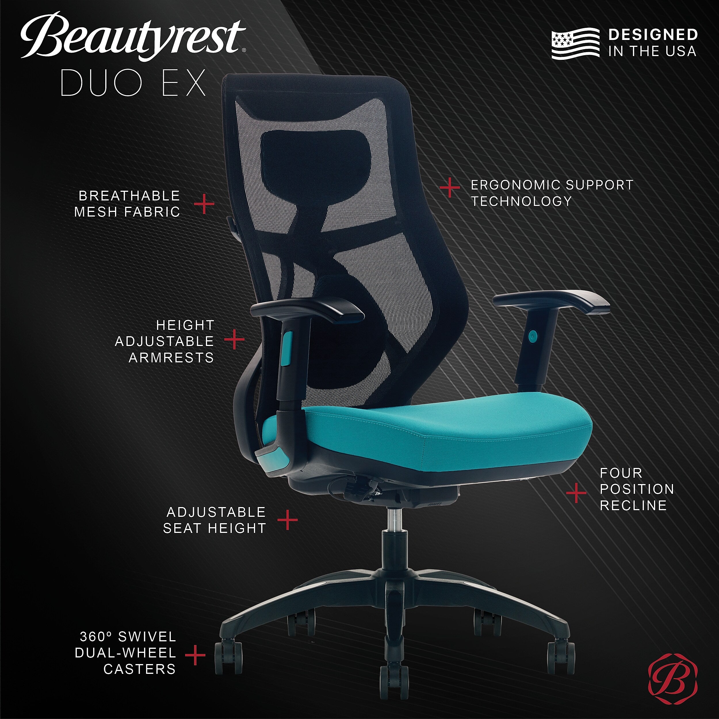 Beautyrest Duo-EX Ergonomic Mesh Swivel Computer Chair, Teal (60051-TEL)