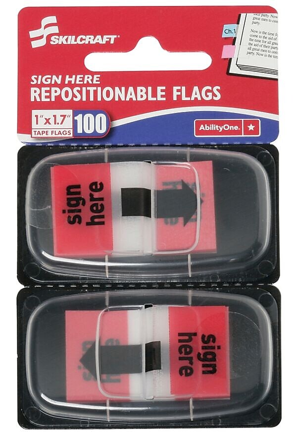 AbilityOne SKILCRAFT Page Flags, 1 X 1.75, Red, Sign Here, 50 Flags/Dispenser, 2 Dispensers/Pack (NSN3892262)