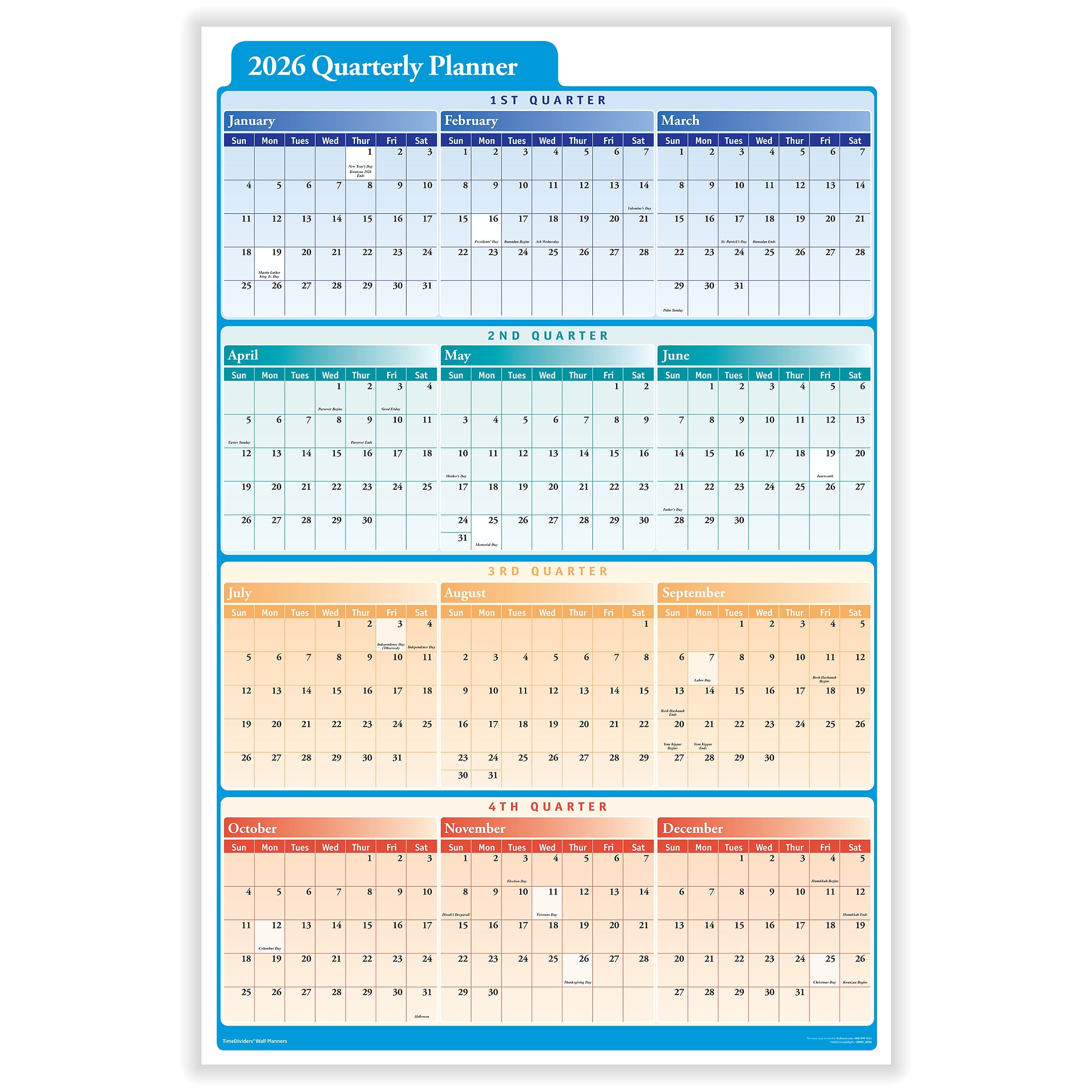 2026 ComplyRight Quarterly Planner 36" x 24" Yearly Dry Erase Wall Calendar, Red/Blue/Orange (J0061)