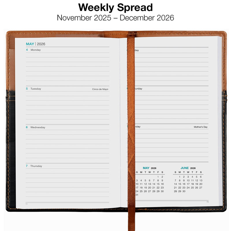 2026 Global Printed Products 3.5" x 6" Weekly & Monthly Planner, Faux Leather Cover, Black/Brown (NRY26-PKT-BN-P)