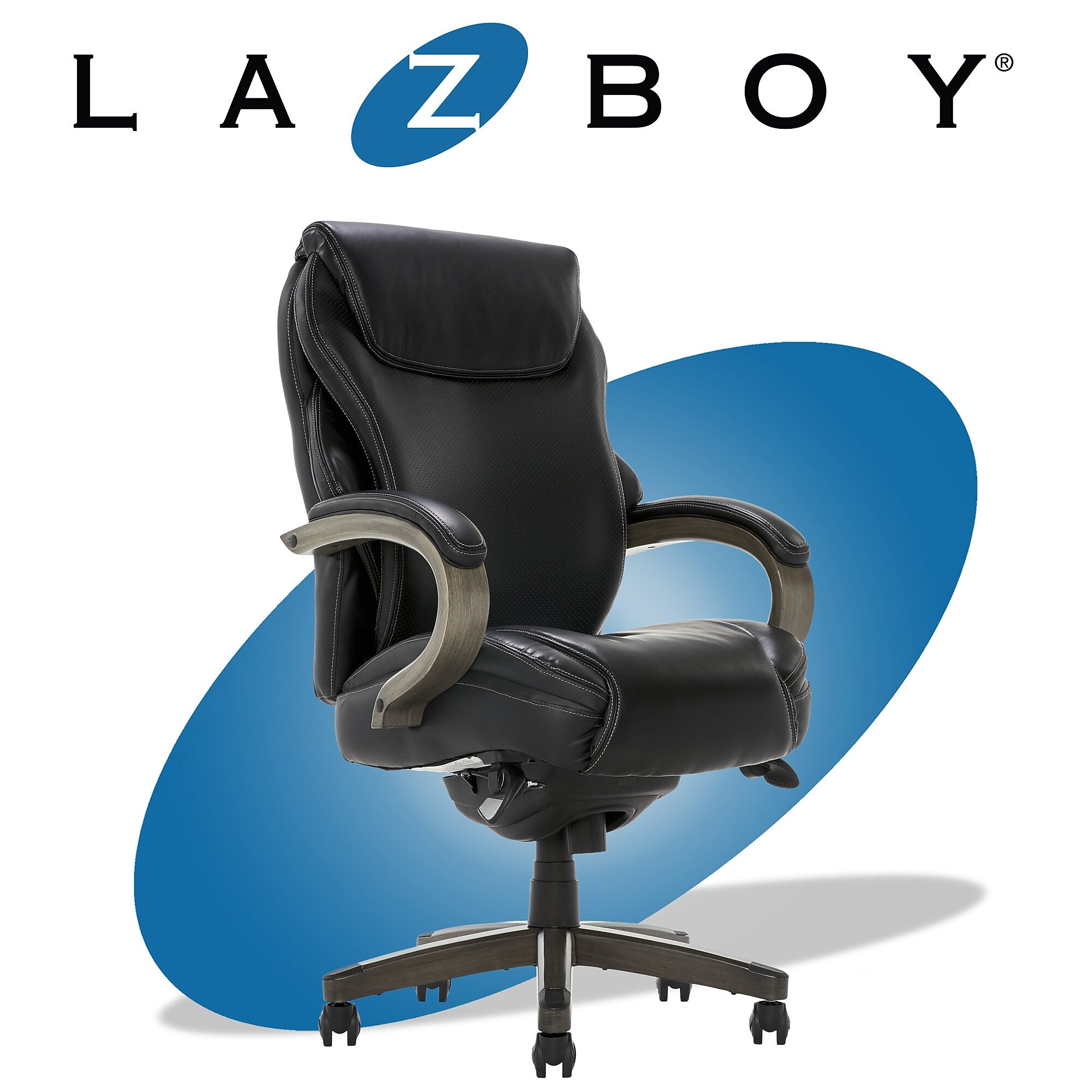 La-Z-Boy Hyland Ergonomic Bonded Leather Swivel Executive Chair, Black/Gray Weathered Wood (CHR10044B)