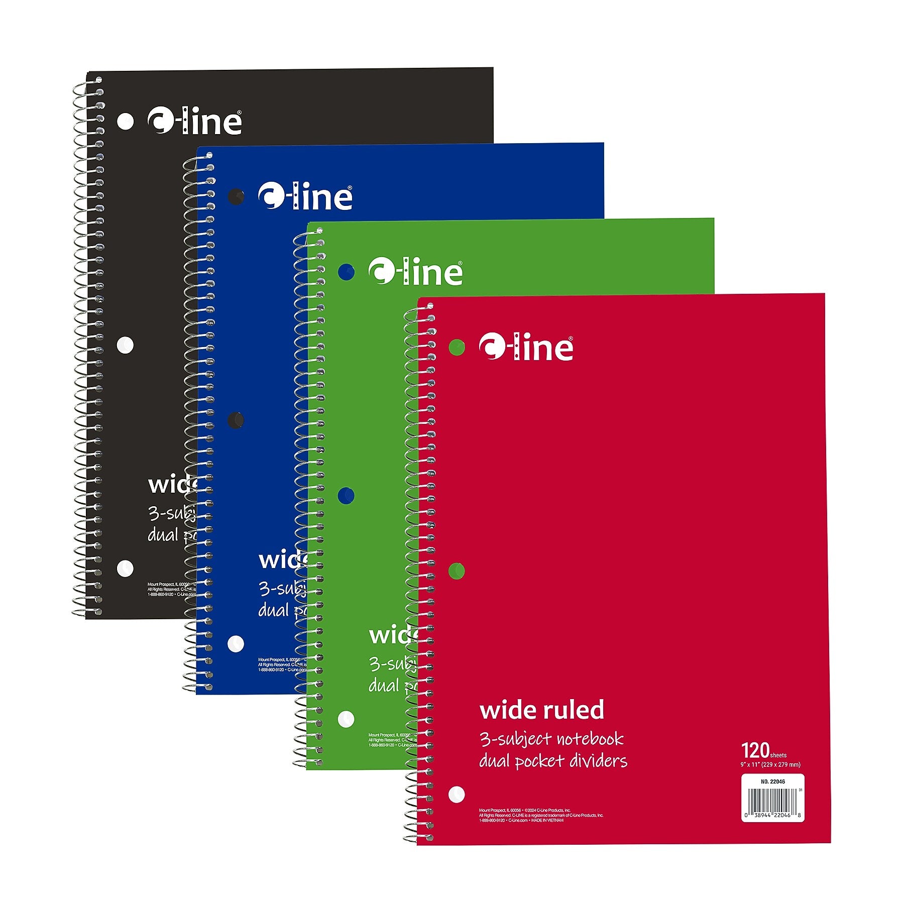 C-Line 3-Subject Notebooks, Wide Ruled, 120 Sheets, Assorted Colors, 3/Bundle (CLI22046-3)