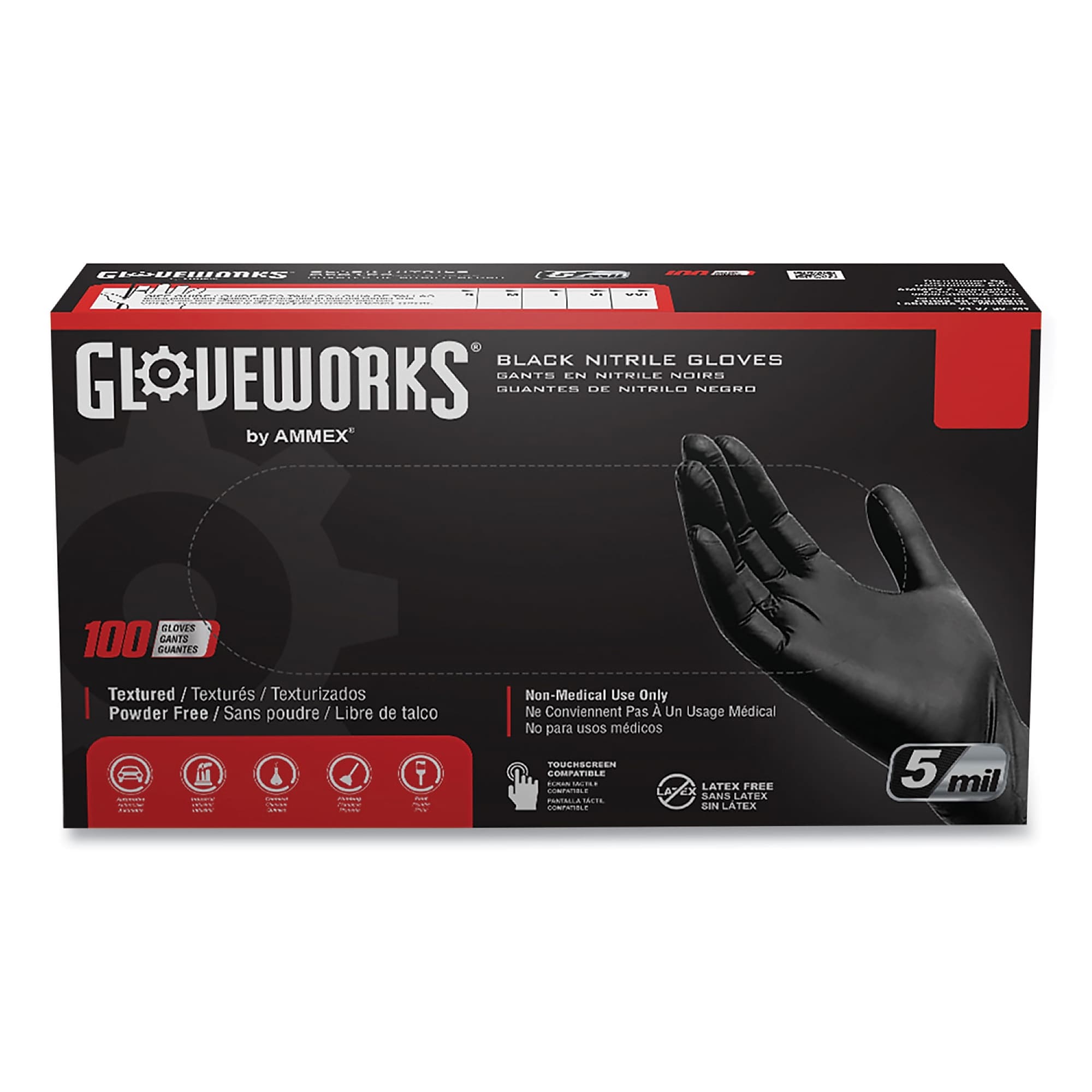 GloveWorks by AMMEX Industrial Nitrile Gloves, Powder-Free, 5 mil, Black, XX-Large, 100 Gloves/Box, 10 Boxes/Carton