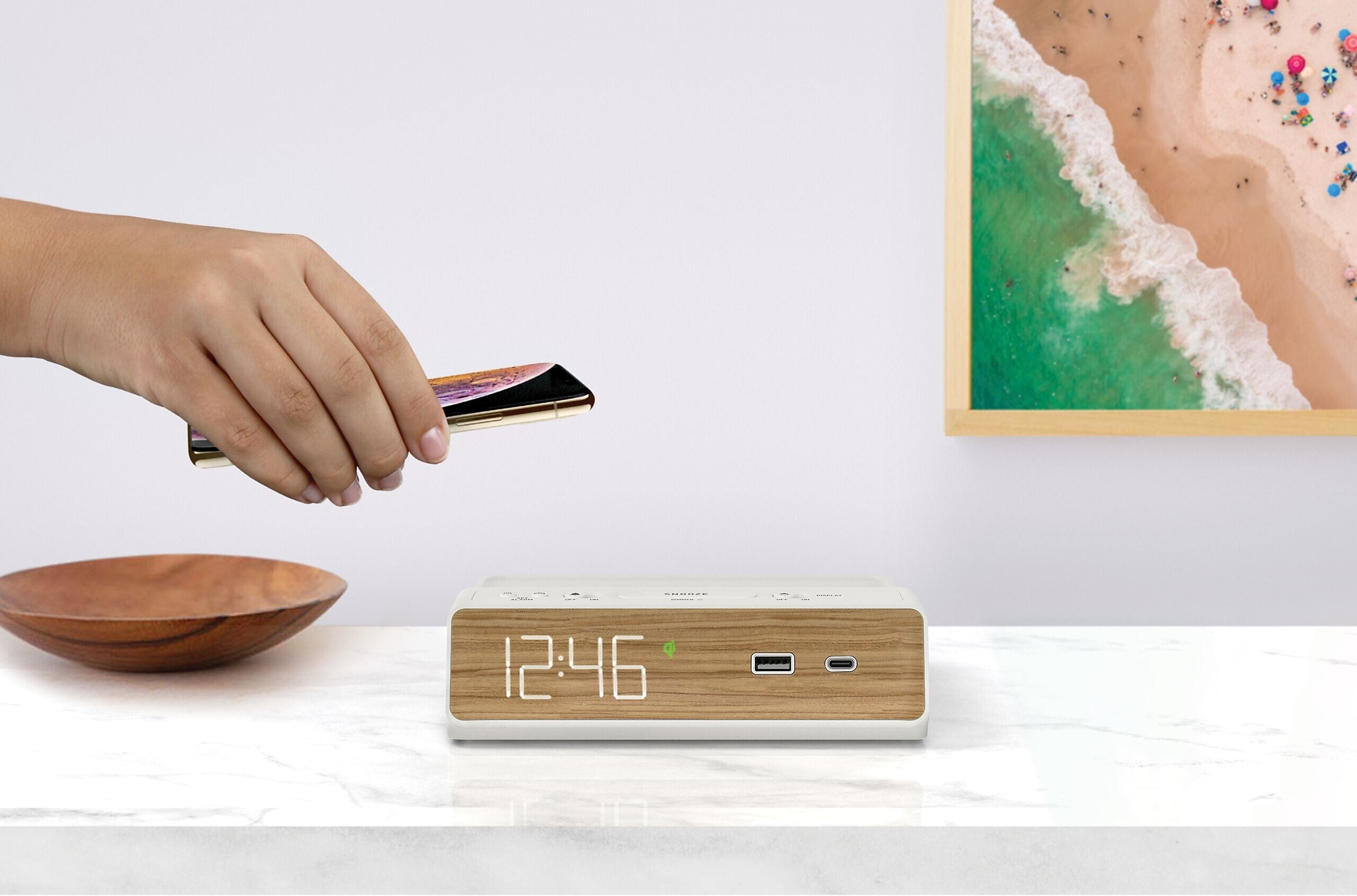 NonStop Station W 6.5" Digital Alarm Clock with Qi Wireless Charging, WalnutSand (NSW2-WW)