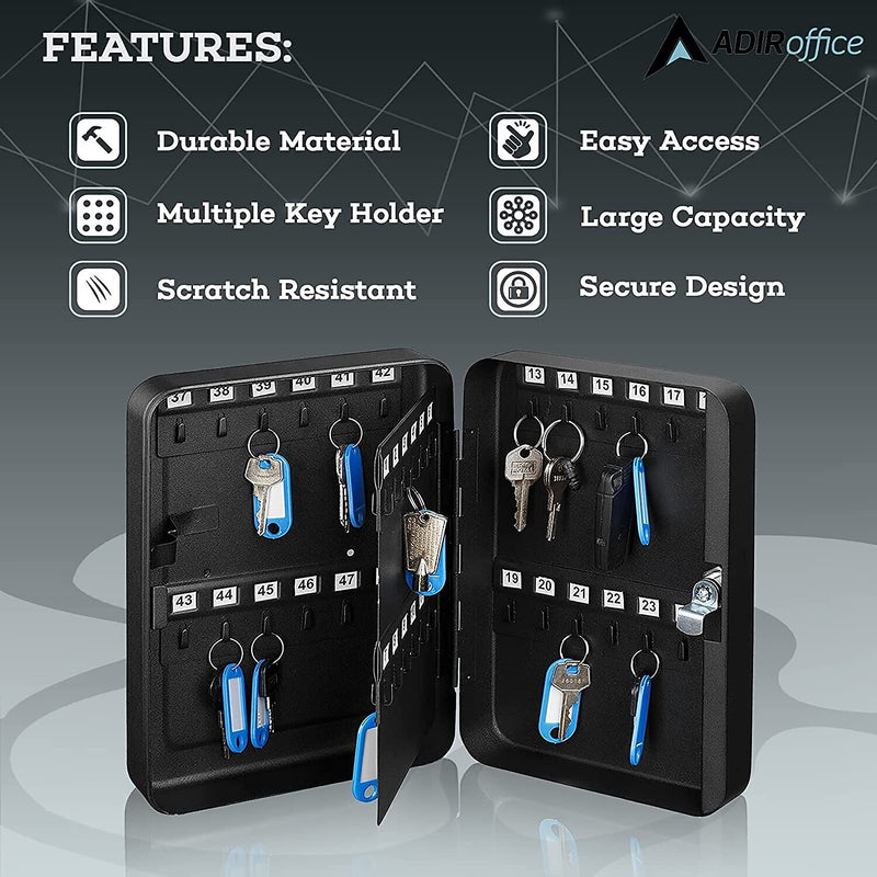 AdirOffice 48-Key Cabinet with Key Lock and Key Tags, Black (681-48-BLK-PKG)