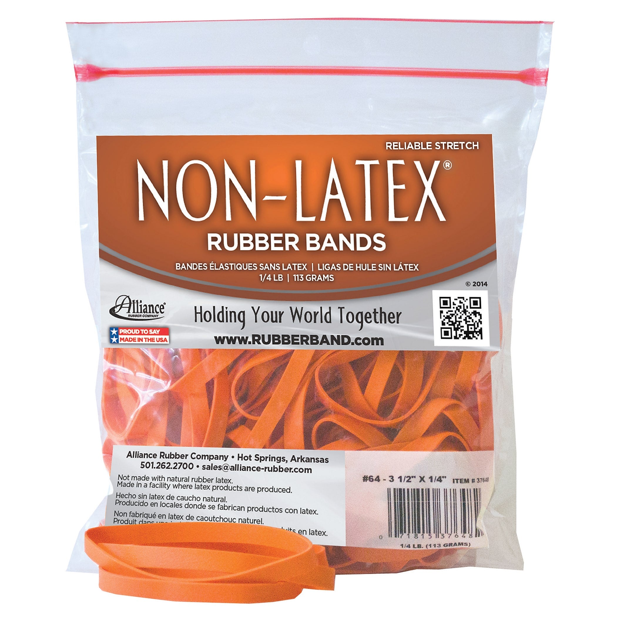 Alliance Non-Latex Multi-Purpose #64 Rubber Bands, 3-1/2" x 1/4", Non-Latex, Orange, 95/Pack (37648)