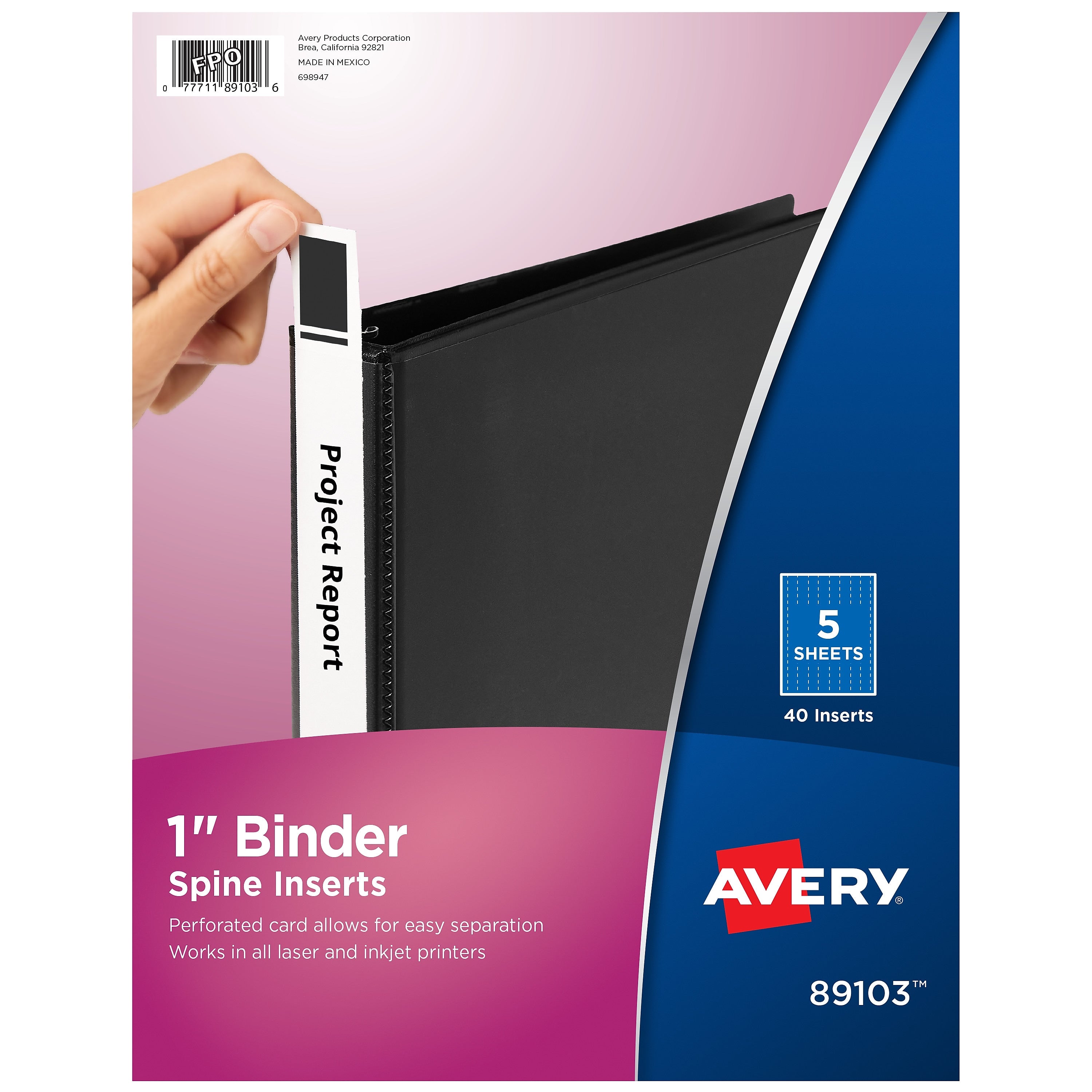 Avery Binder Spine Insert, 1" Spine Width, White, 40 Inserts/Sheet, 5 Sheets/Pack (89103)