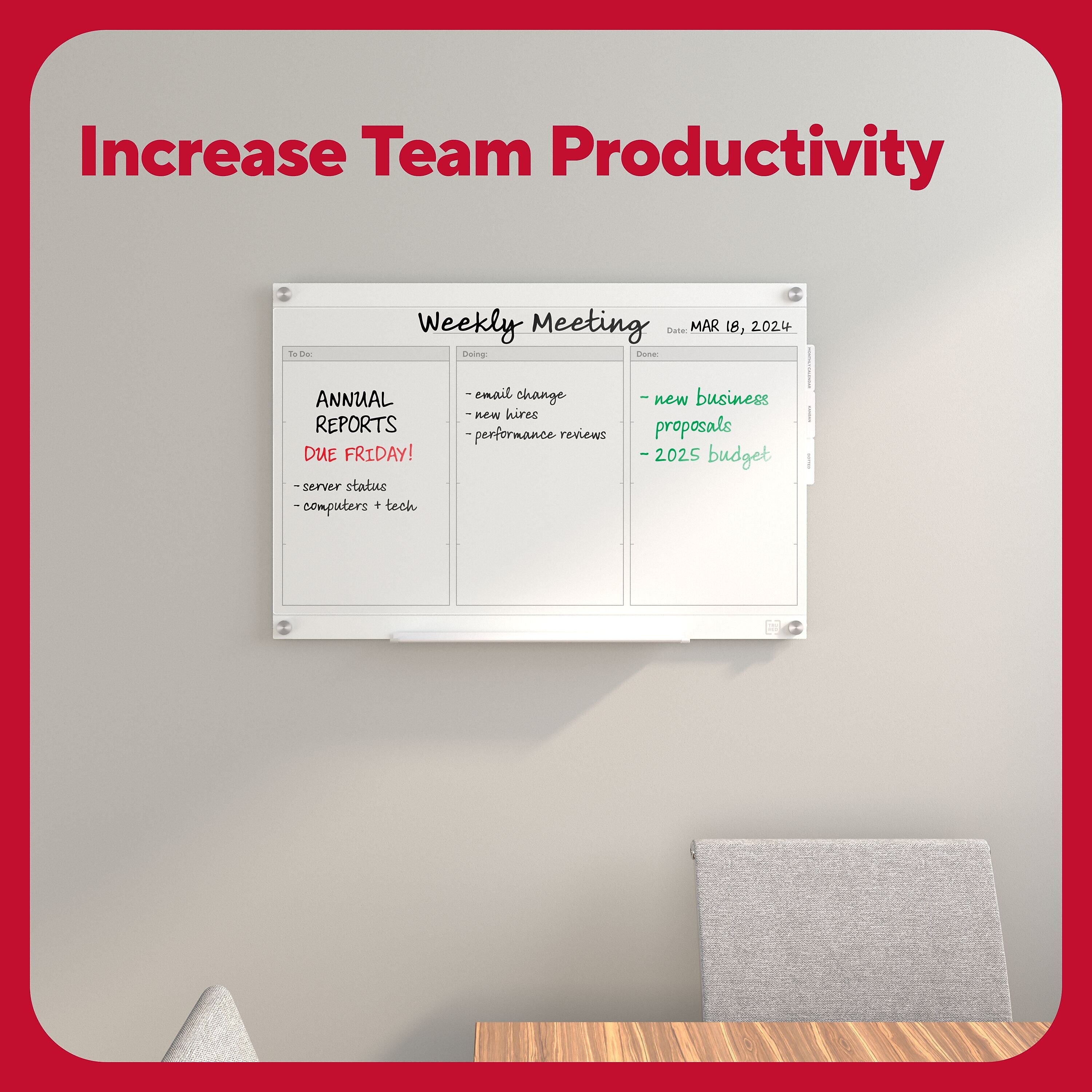 TRU RED™ Templated Magnetic Glass Dry-Erase Whiteboard, 3' x 2' (TR62139)