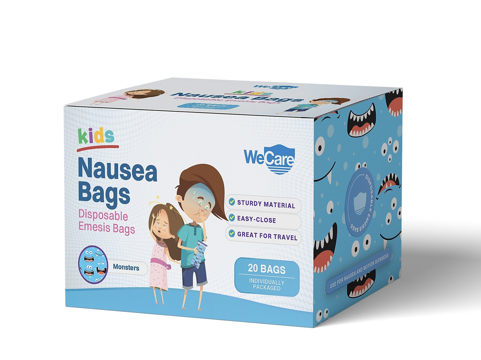WeCare Monsters Kids' Disposable Emesis Bag for Nausea and Motion Sickness, Multicolor (WC-EMES-M-20)